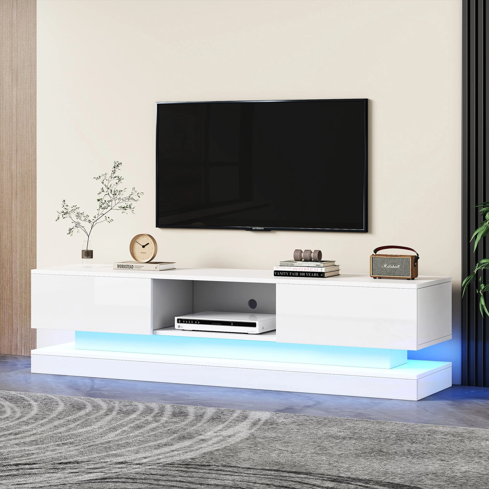 TV Stand 160 cm, with 16 Colour RGB LED Lights, High Gloss Front, 2 Drawers, 1 Open Storage Space, for 70-79 inch TVs, White