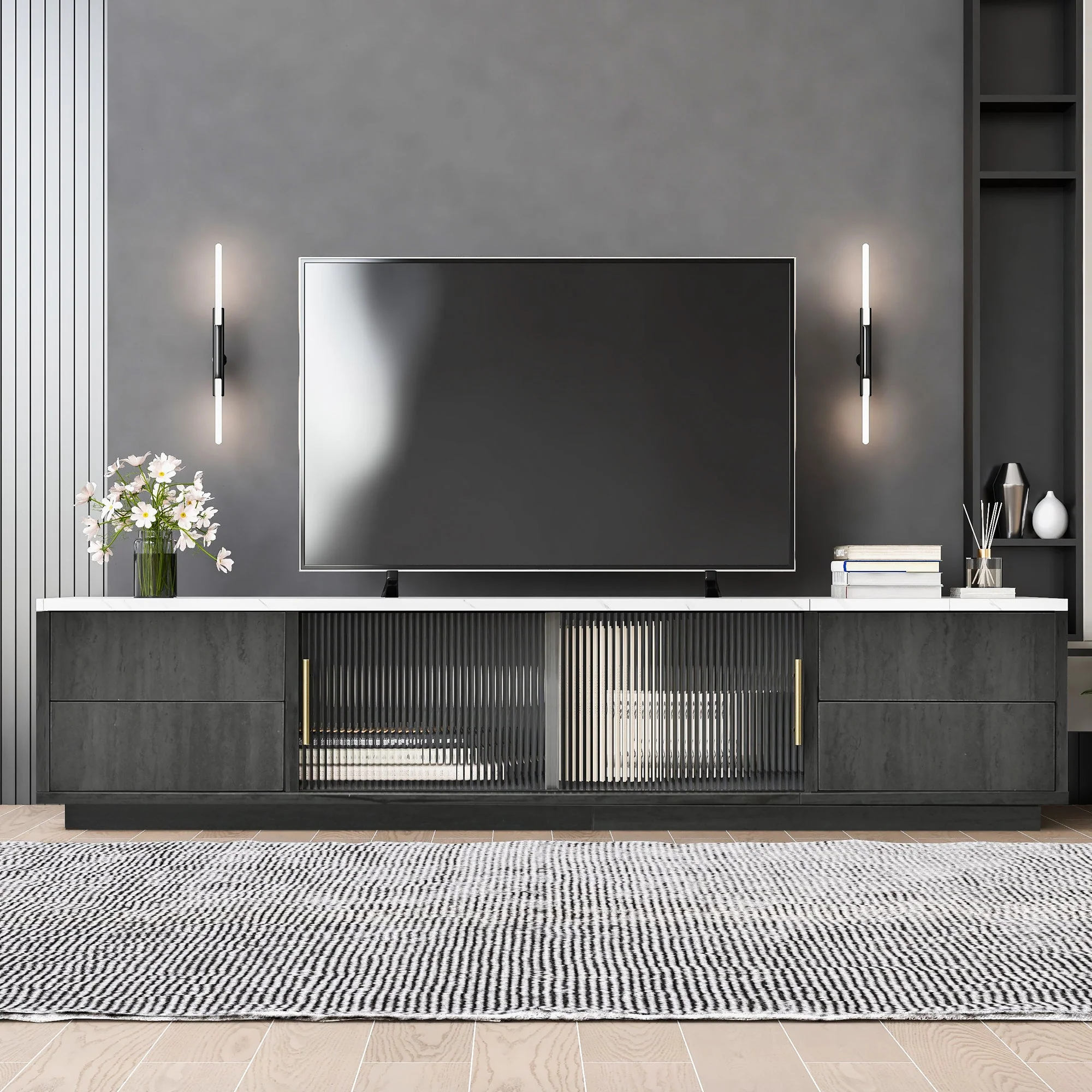 TV Stand 160cm Marbled Top Push-to-Open Drawers - Grey - Image 5