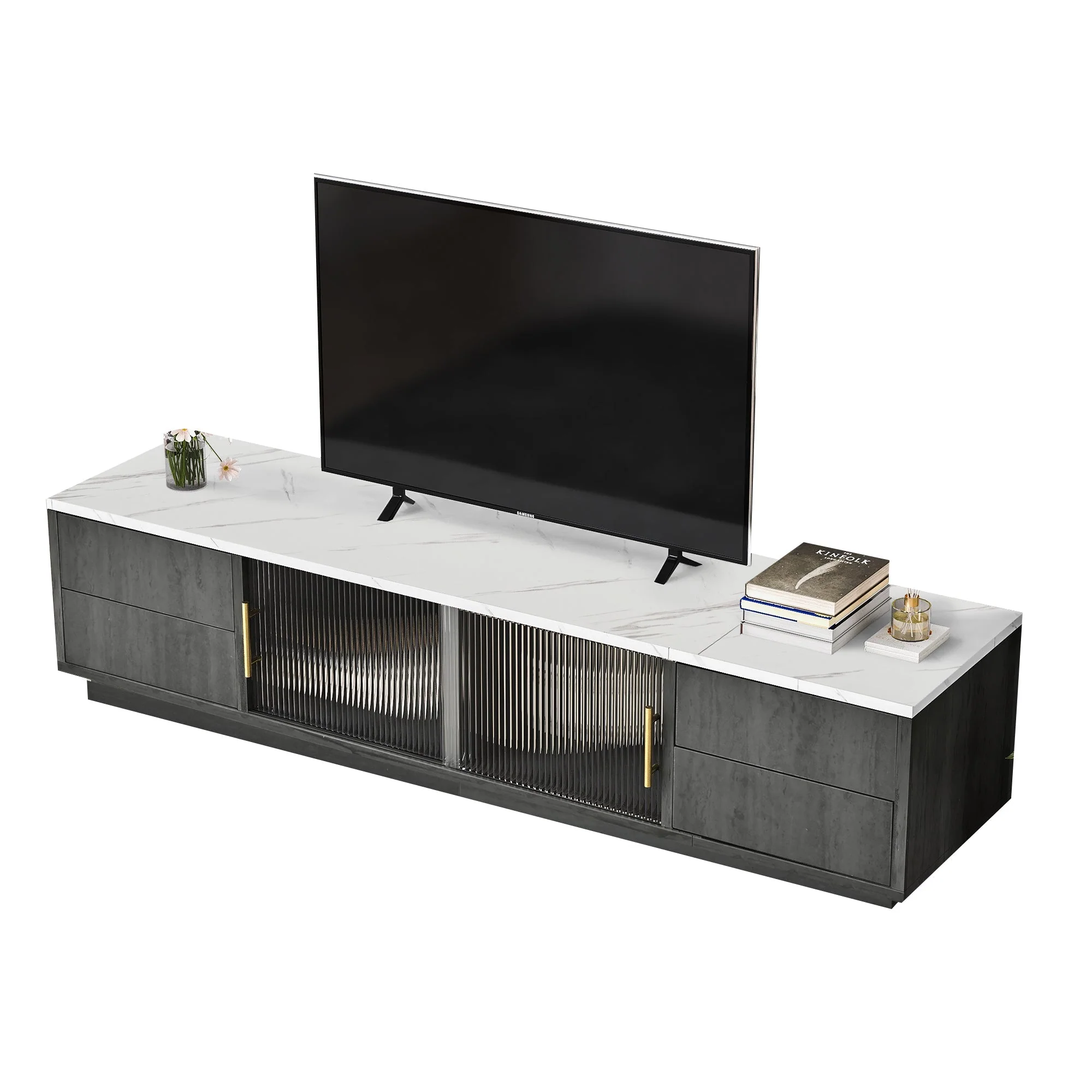 TV Stand 160cm Marbled Top Push-to-Open Drawers - Grey - Image 7