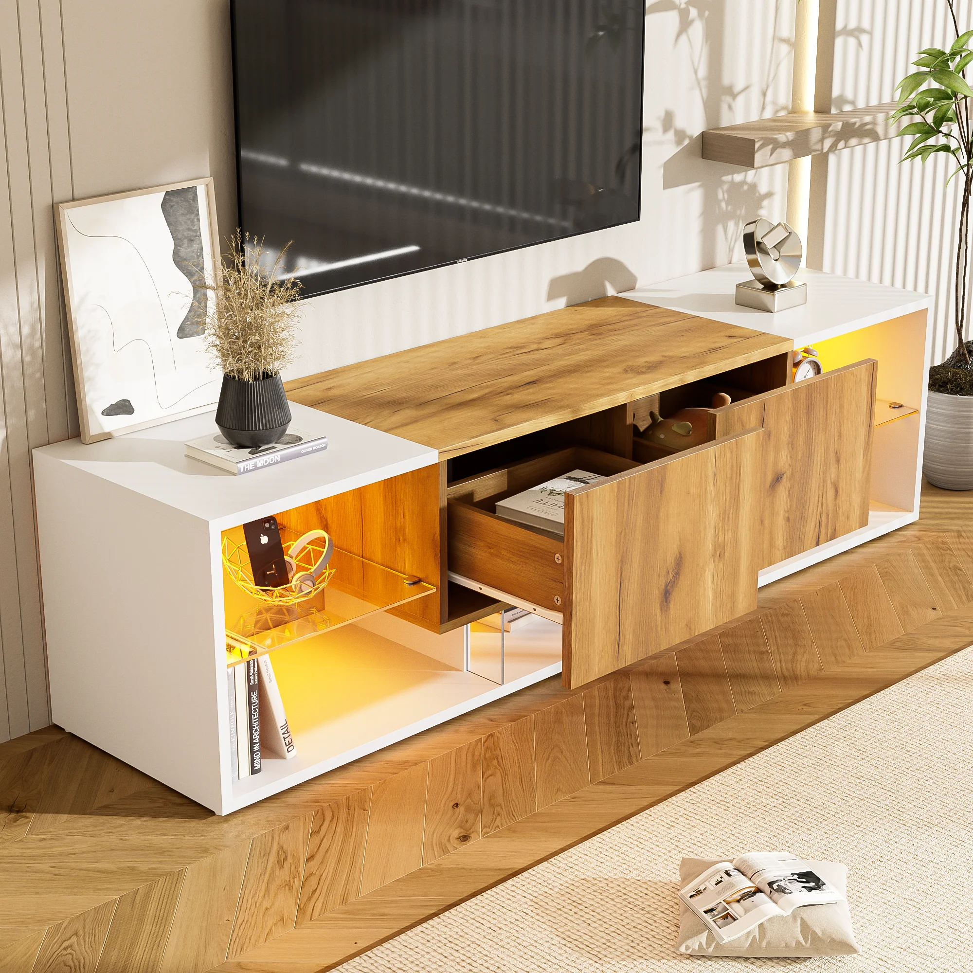 TV Stand 2-Drawer LED for 70 Inch TV, Wood and White MDF - Image 3