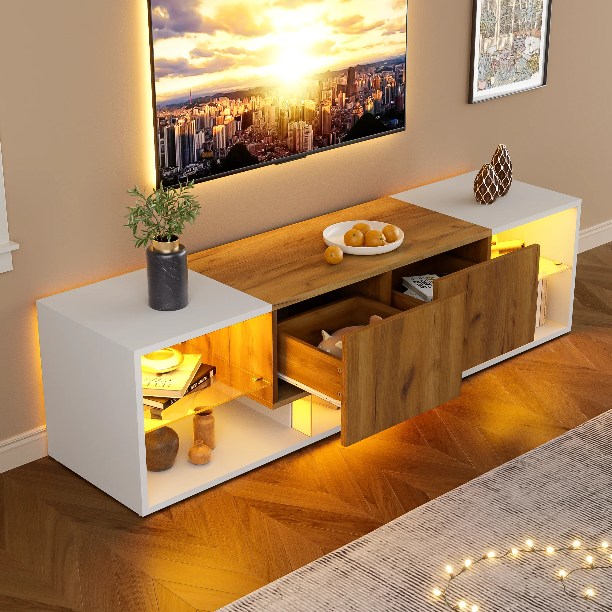 TV Stand 2-Drawer LED for 70 Inch TV, Wood and White MDF - Image 5