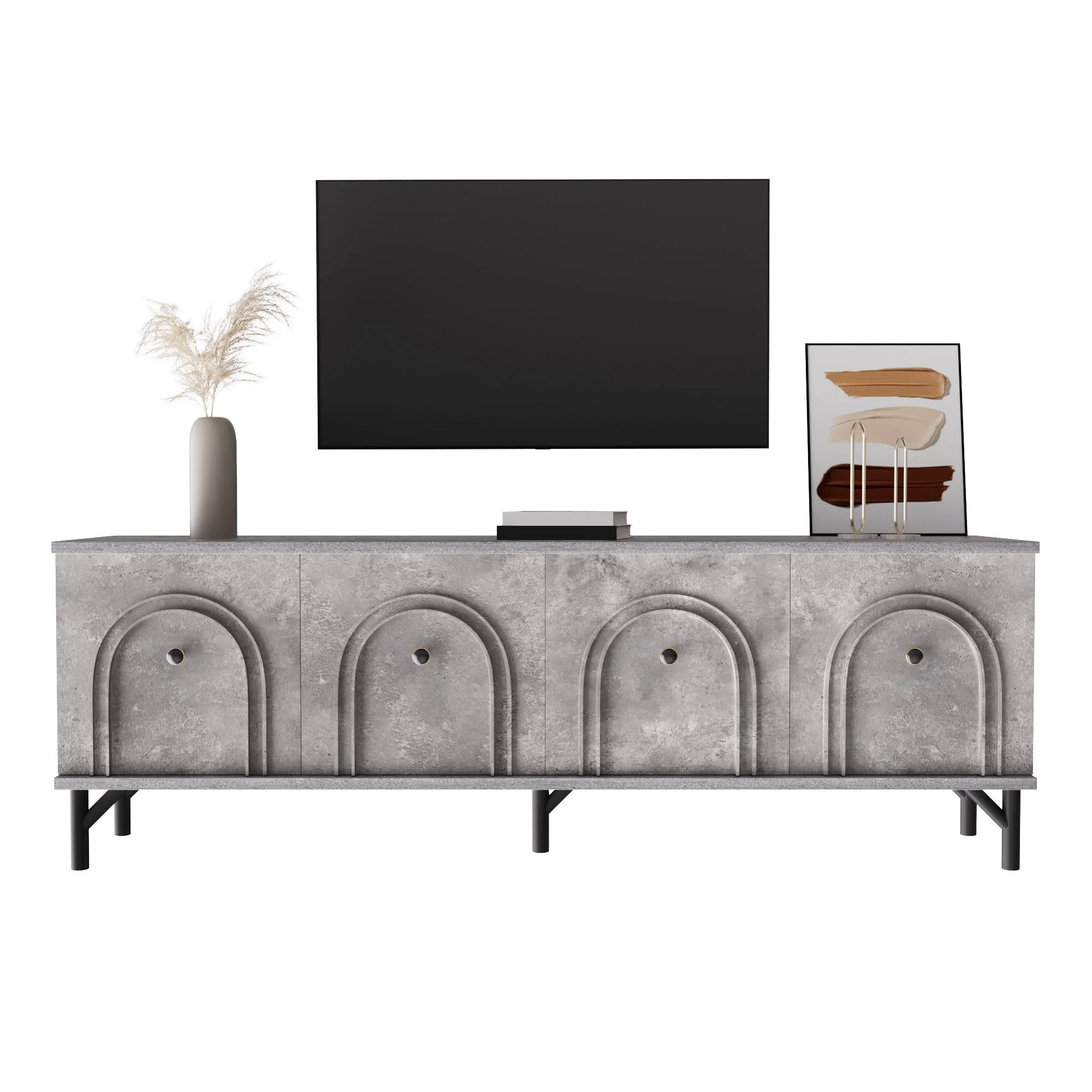 TV Stand, 4-Door 160 cm, Stylish Design, Soft-Close Hinges, Grey - Image 2