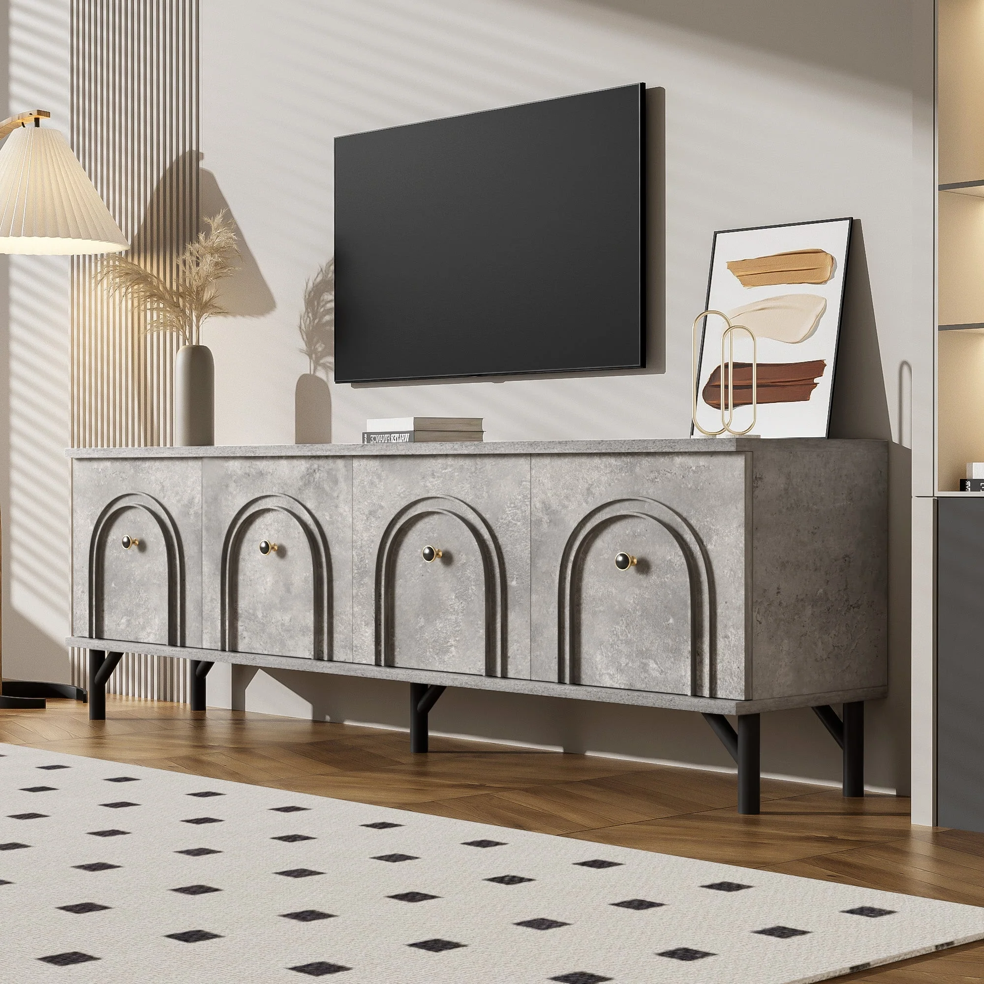 TV Stand, 4-Door 160 cm, Stylish Design, Soft-Close Hinges, Grey - Image 3