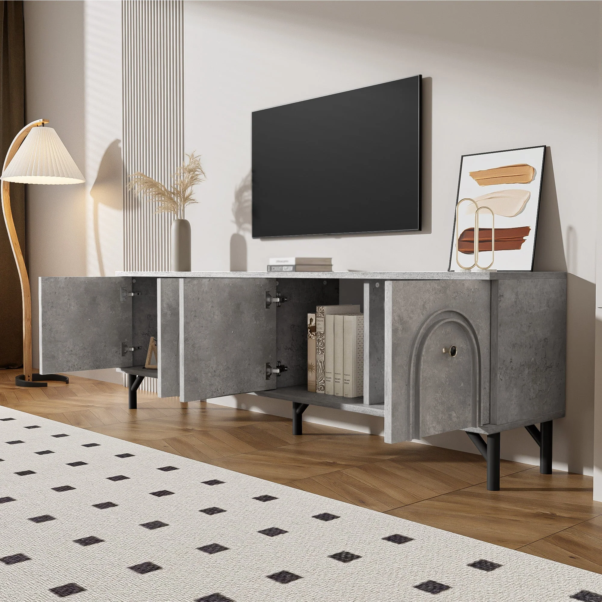 TV Stand, 4-Door 160 cm, Stylish Design, Soft-Close Hinges, Grey - Image 4