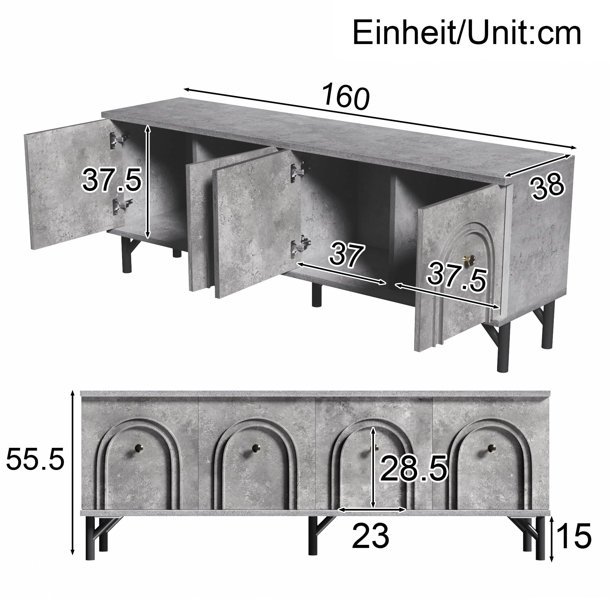 TV Stand, 4-Door 160 cm, Stylish Design, Soft-Close Hinges, Grey - Image 5