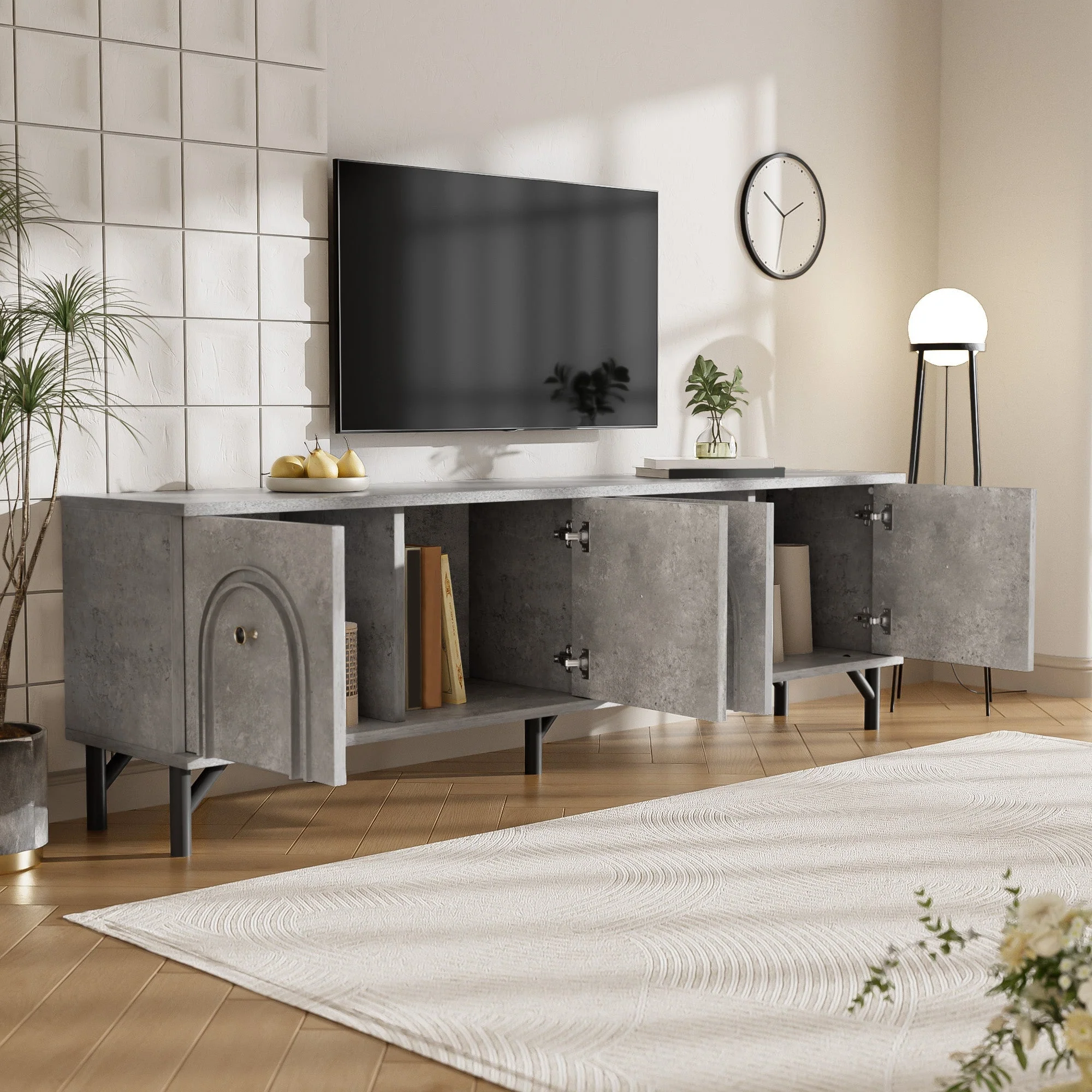 TV Stand, 4-Door 160 cm, Stylish Design, Soft-Close Hinges, Grey - Image 7