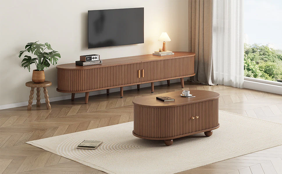 TV Stand and Coffee Table Set, 2 Drawer 2 Sliding Doors for 70 Inch TV, Dark Walnut MDF - Image 5