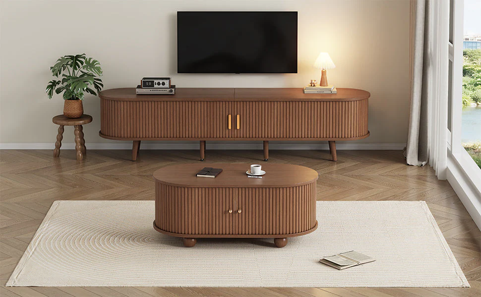 TV Stand and Coffee Table Set, 2 Drawer 2 Sliding Doors for 70 Inch TV, Dark Walnut MDF - Image 6