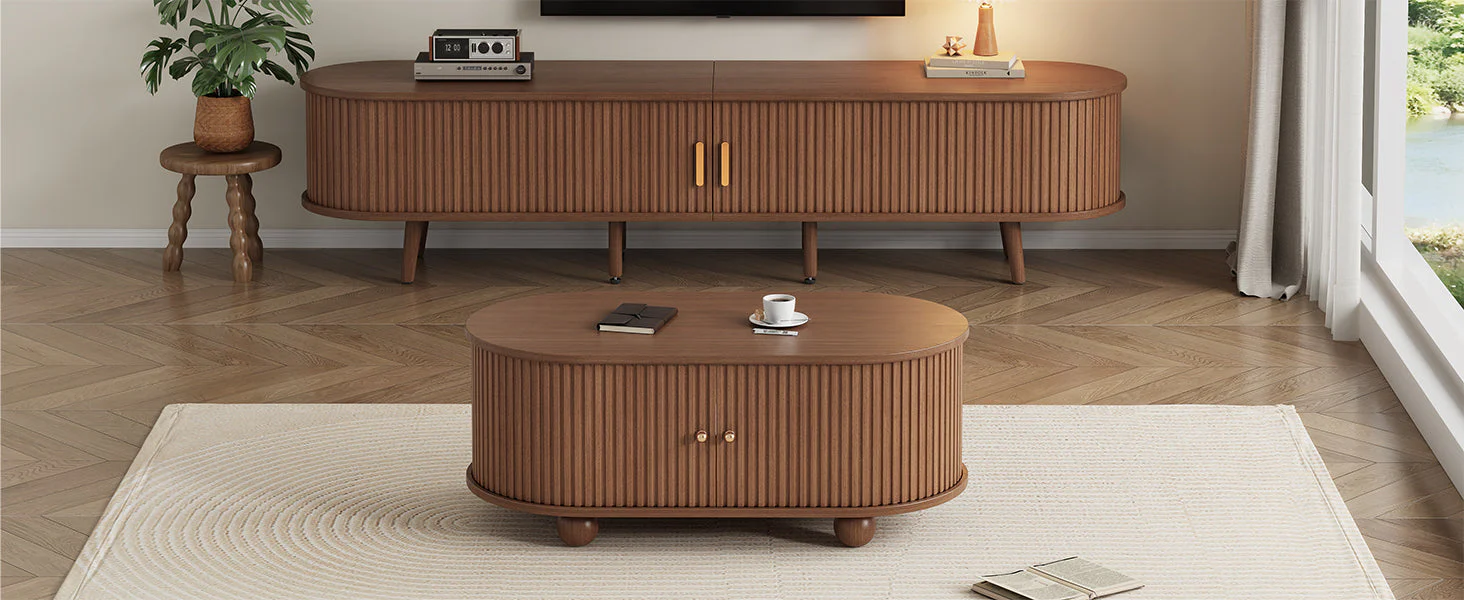 TV Stand and Coffee Table Set, 2 Drawer 2 Sliding Doors for 70 Inch TV, Dark Walnut MDF - Image 7