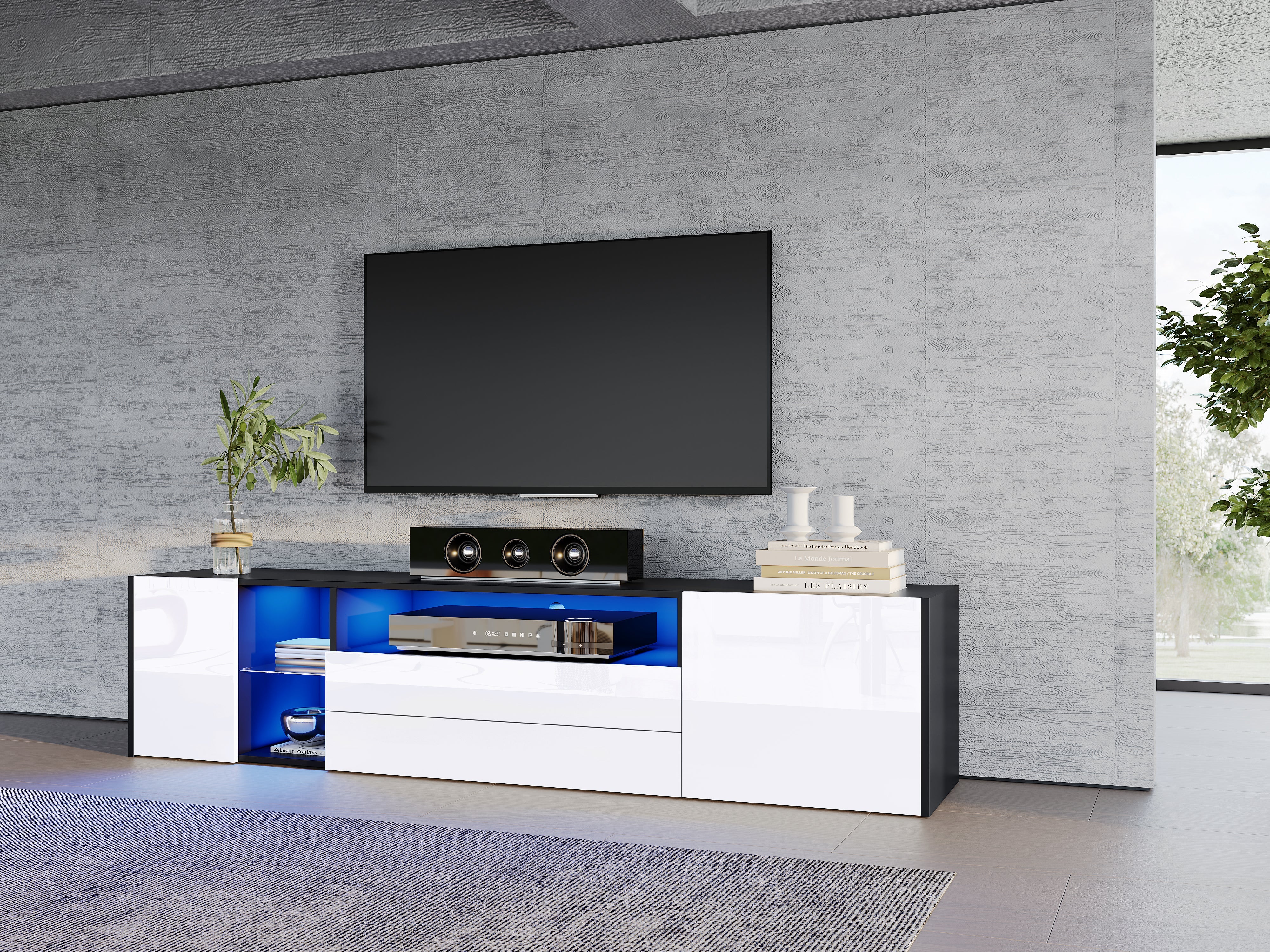 TV Stand Cabinet, 180x40x45cm LED Lowboard with 2 Drawers & 2 Cabinets for 75-inch TVs, Black and White - Image 8