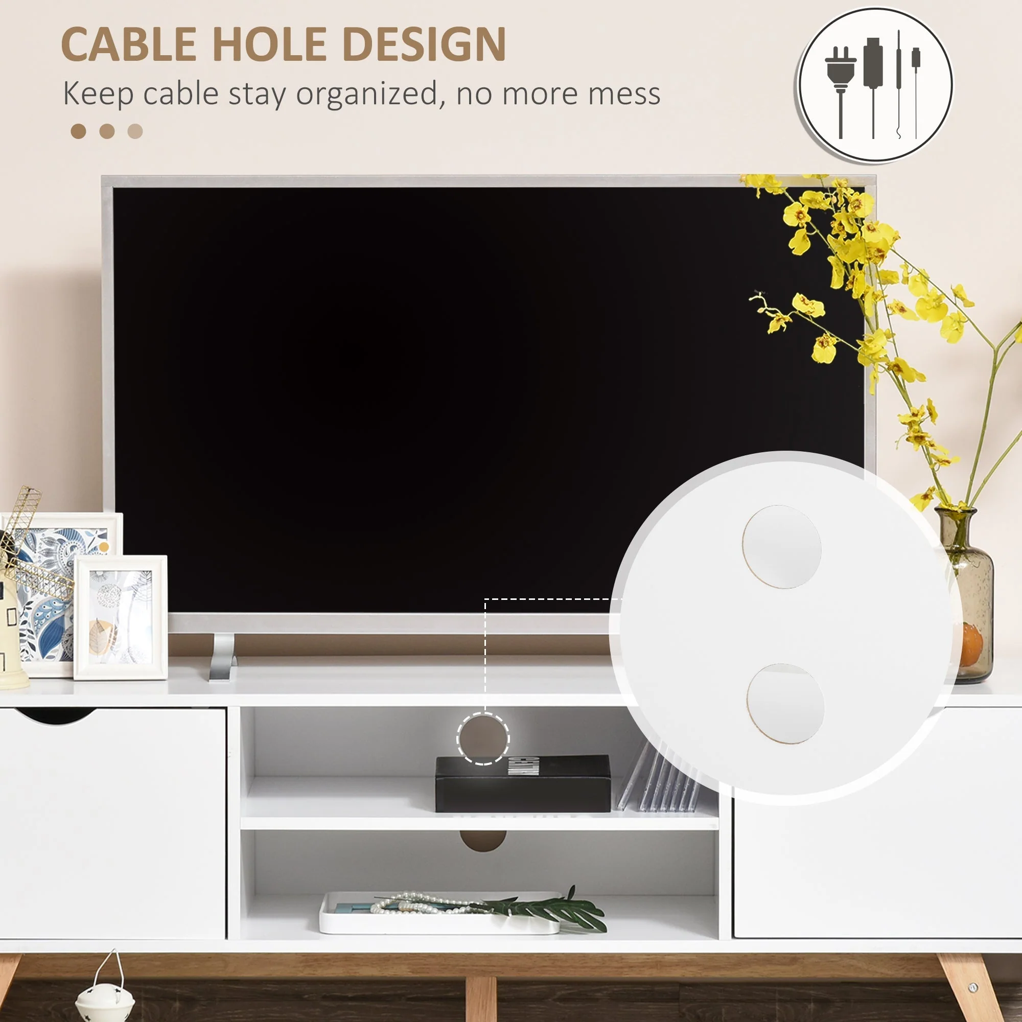 TV Stand Cabinet for TVs up to 65" with Storage & Wood Legs, White - Image 6