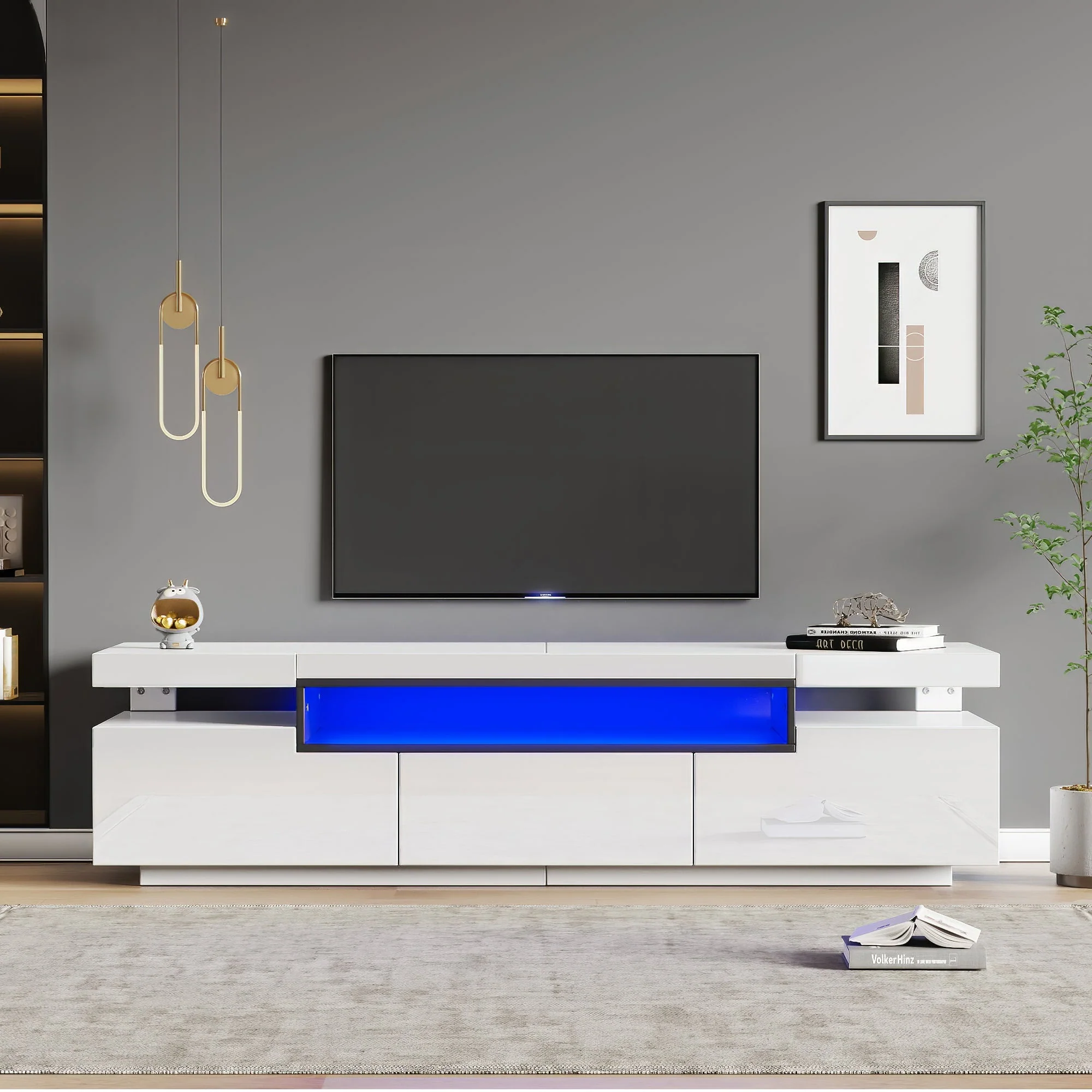 TV Stand Cabinet, High Gloss with LED Lights, 160CM, 3 Drawers, 3 Open Storage, White