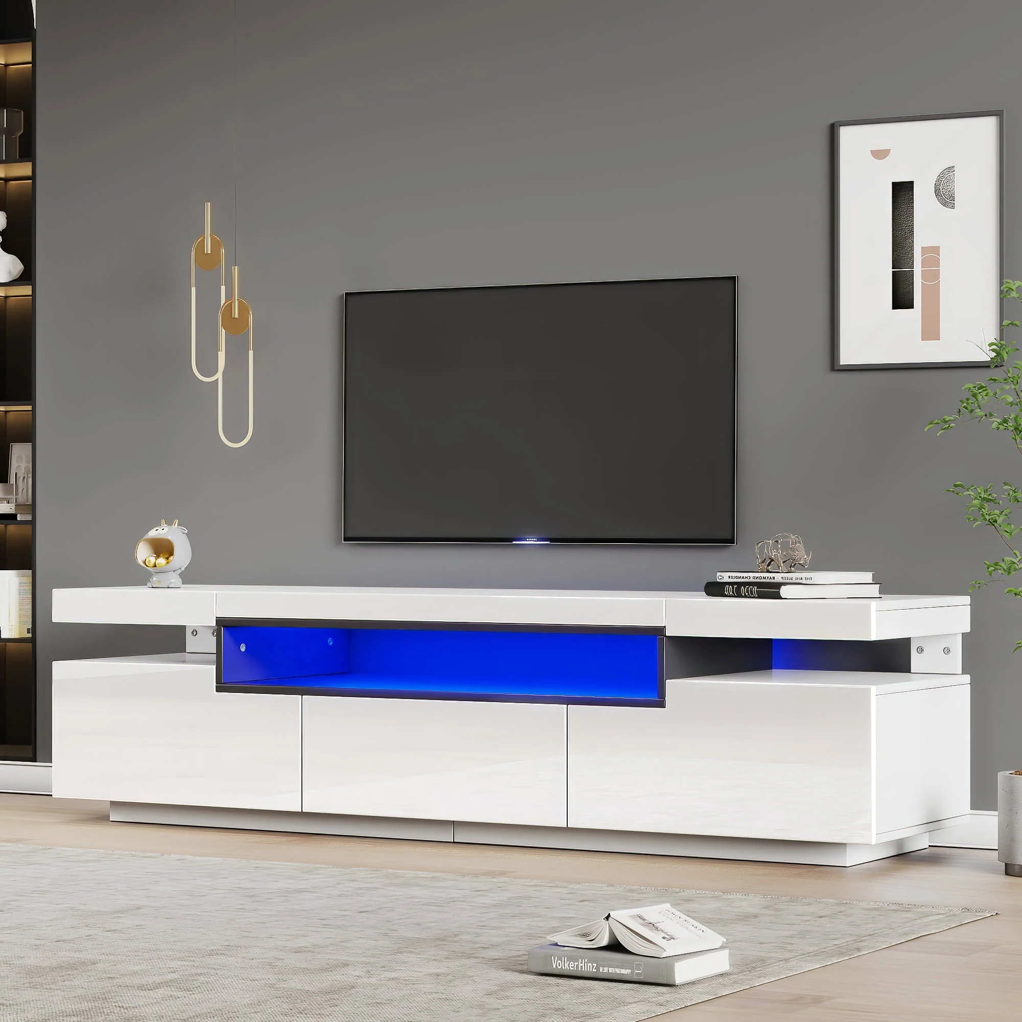 TV Stand Cabinet, High Gloss with LED Lights, 160CM, 3 Drawers, 3 Open Storage, White - Image 2