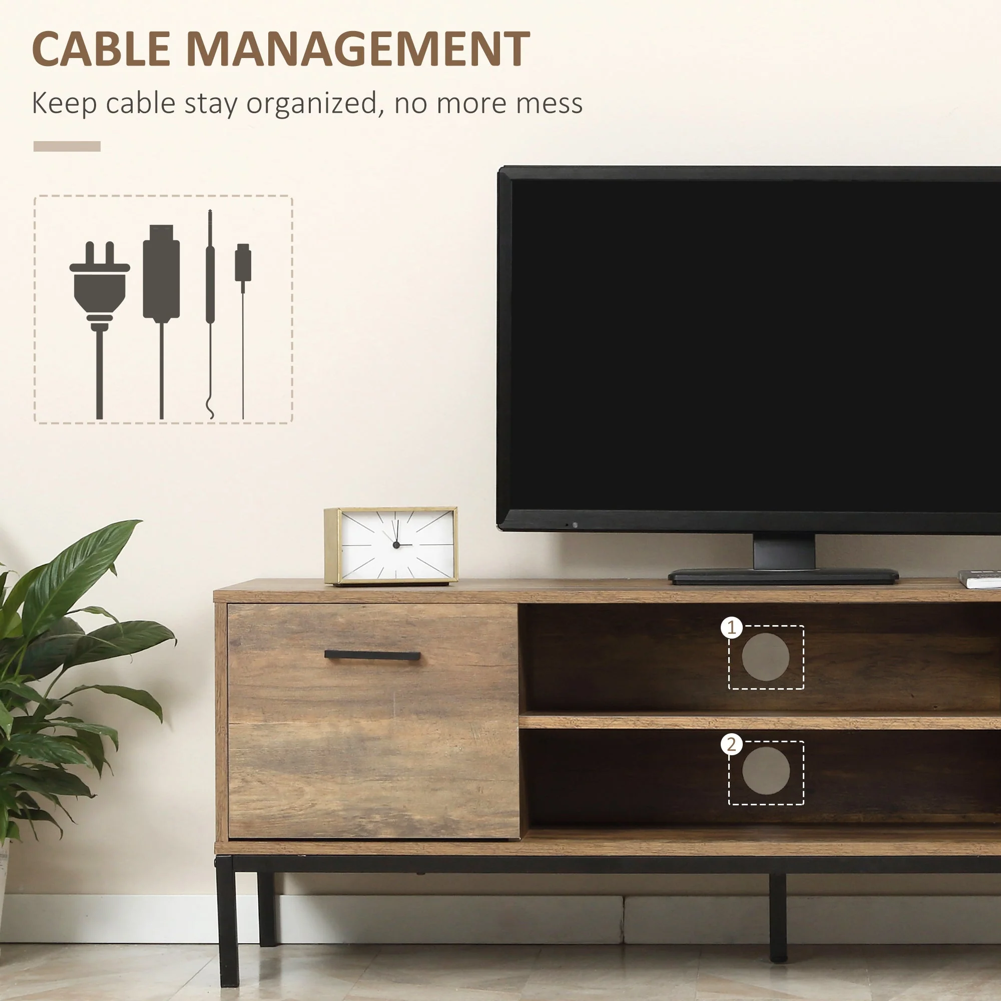 TV Stand Cabinet, Light Industrial-Style Multi-Storage for up to 50" Screen - Brown/Black - Image 5