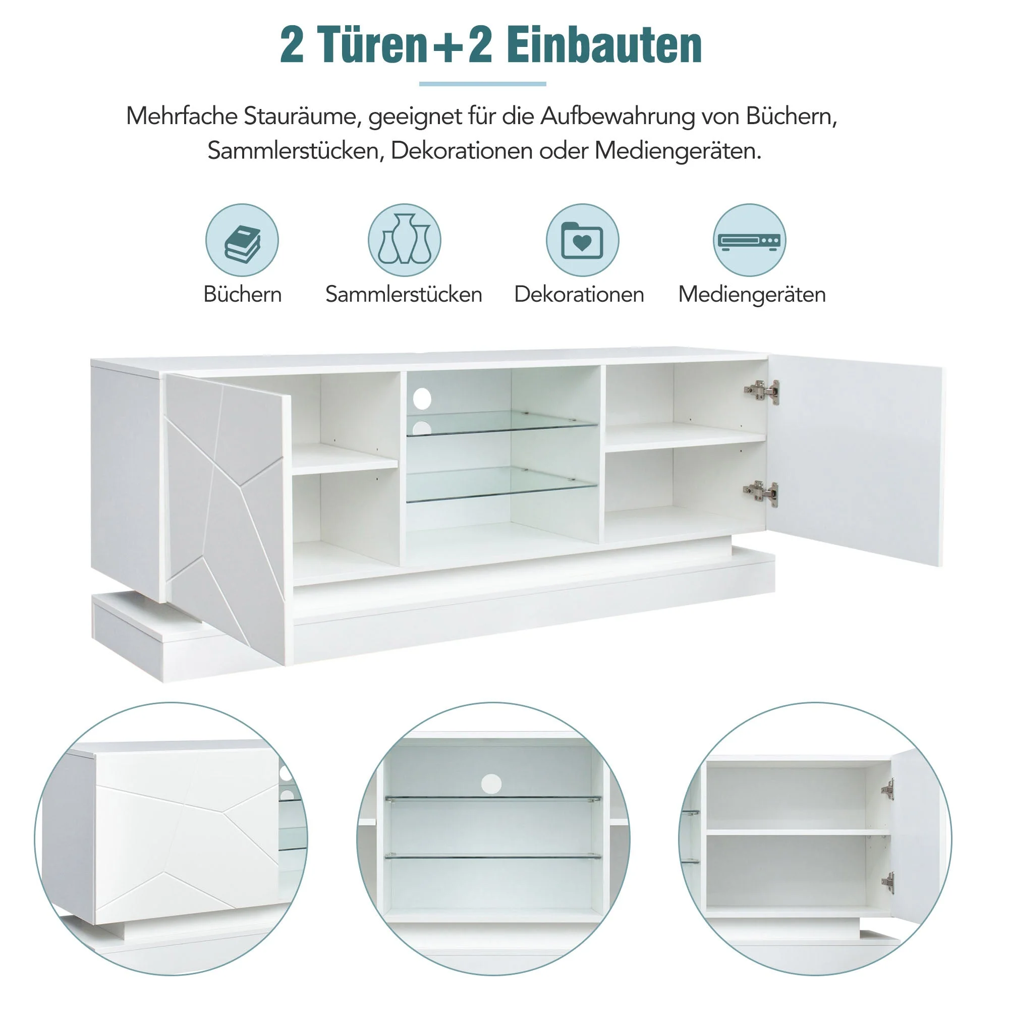 TV Stand, Frosted White, 1.6m, Adjustable Glass Shelf, 70-inch Space - Image 10