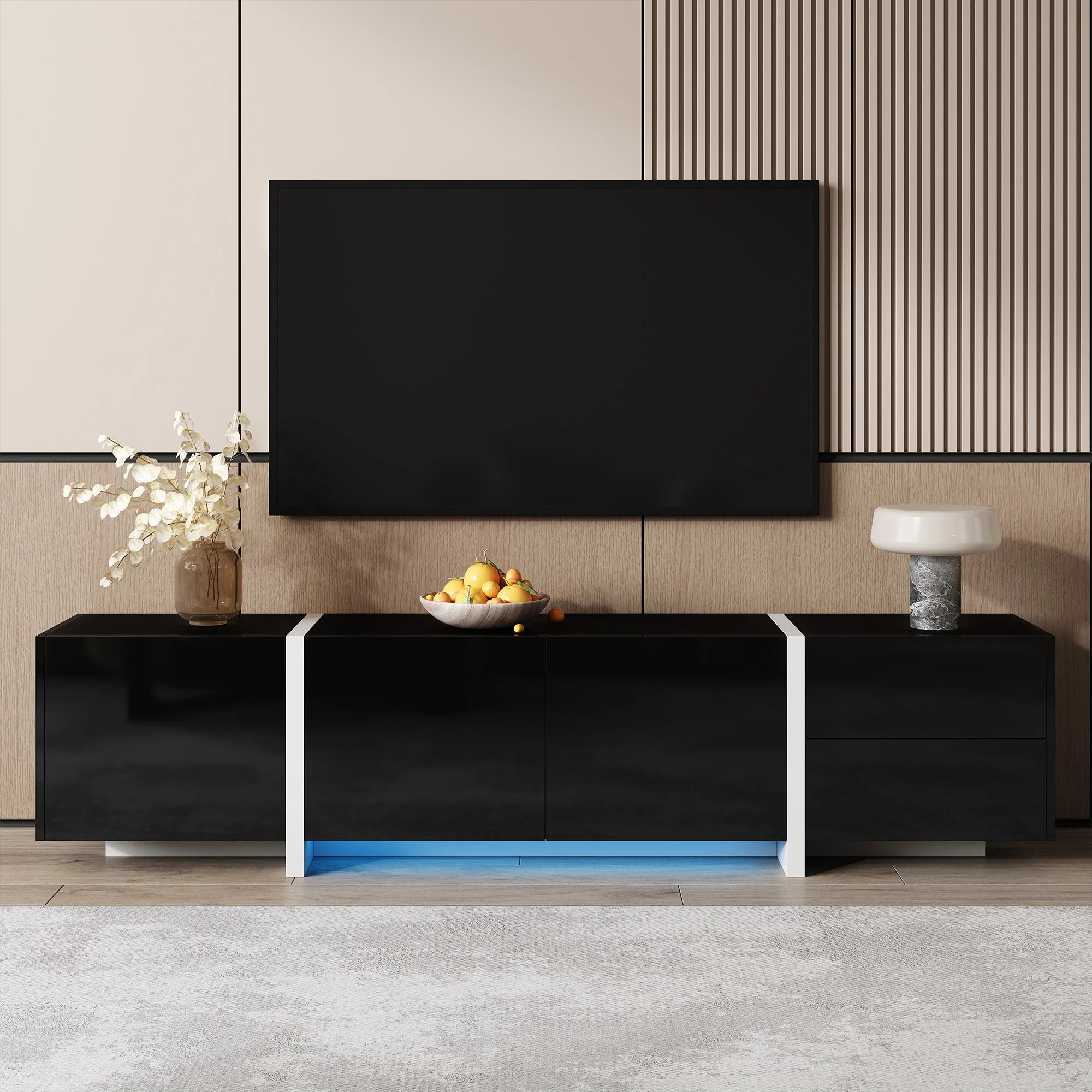 TV Stand Low Cabinet with LED Light Strip, Black/White - Image 4