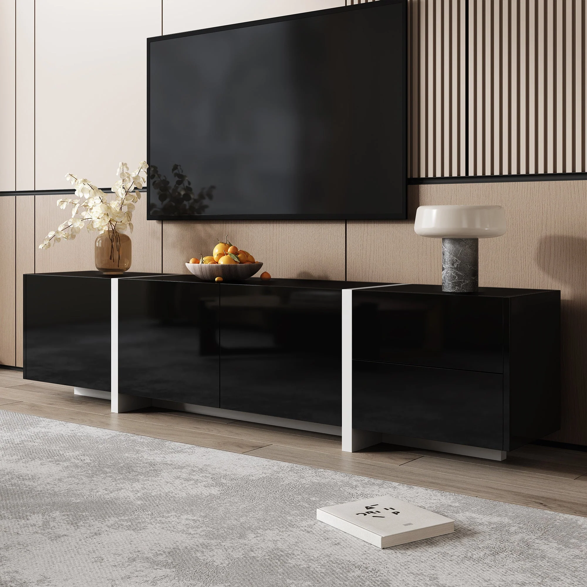TV Stand Low Cabinet with LED Light Strip, Black/White - Image 9