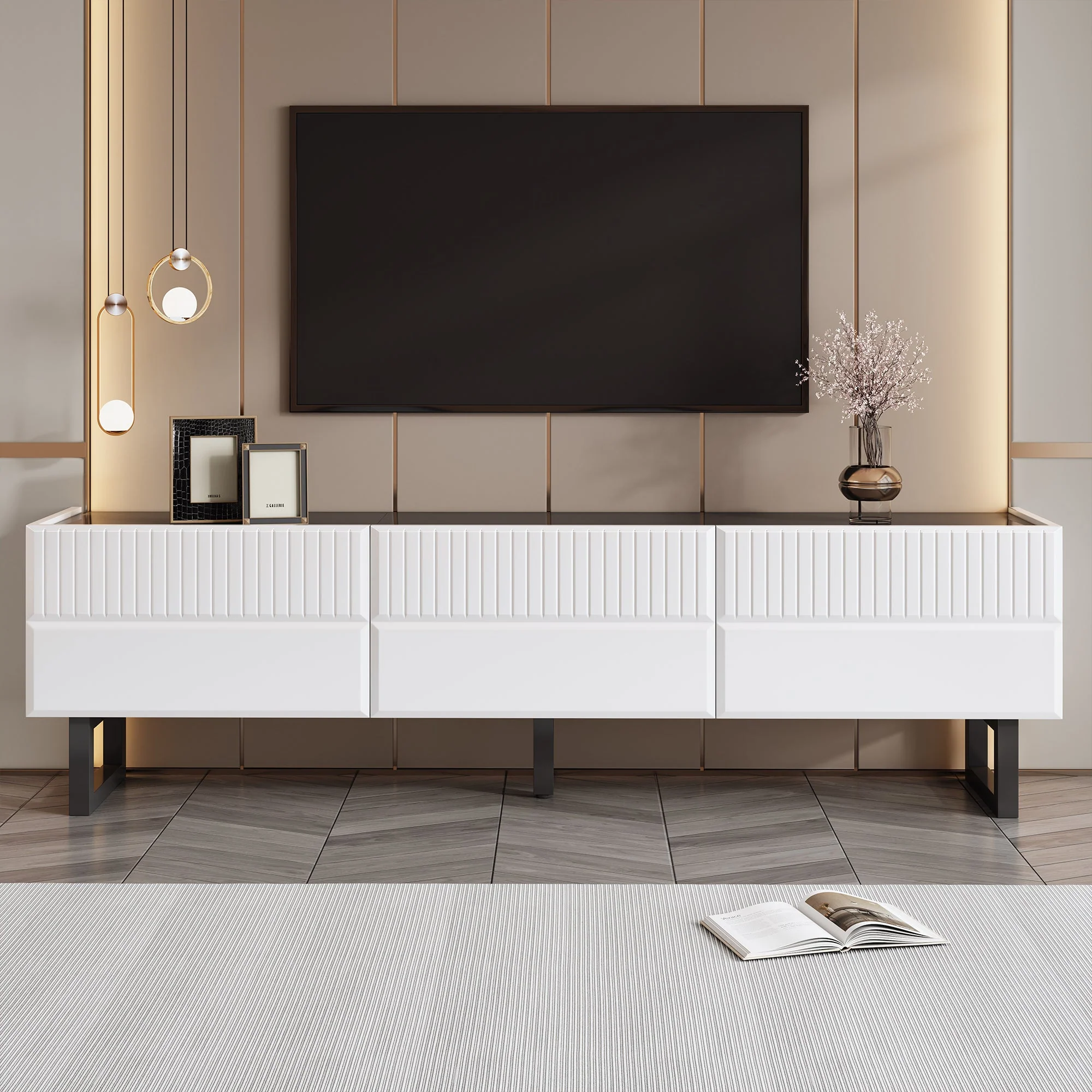TV Stand Low Unit with Three Drawers 170cm Black and White