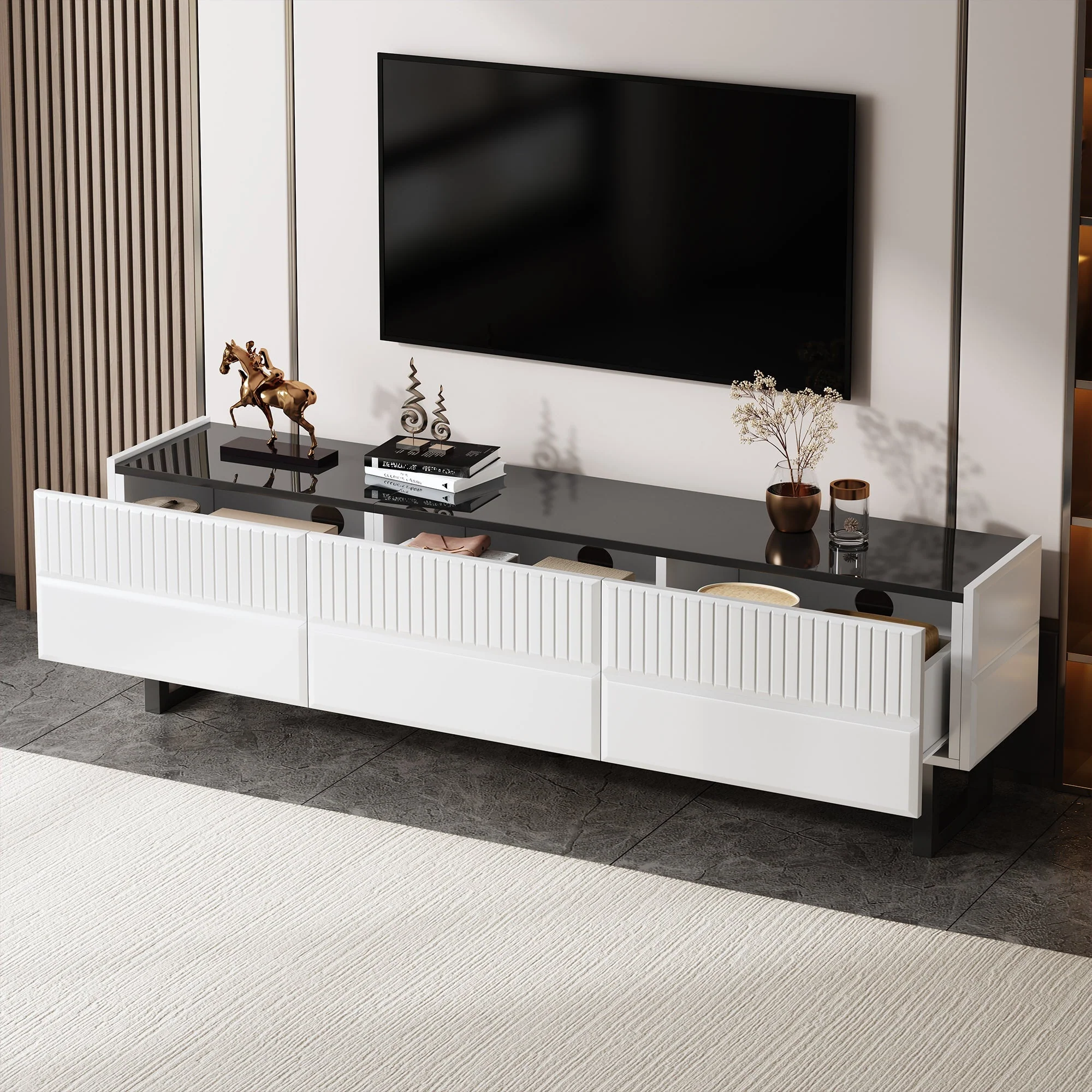 TV Stand Low Unit with Three Drawers 170cm Black and White - Image 3