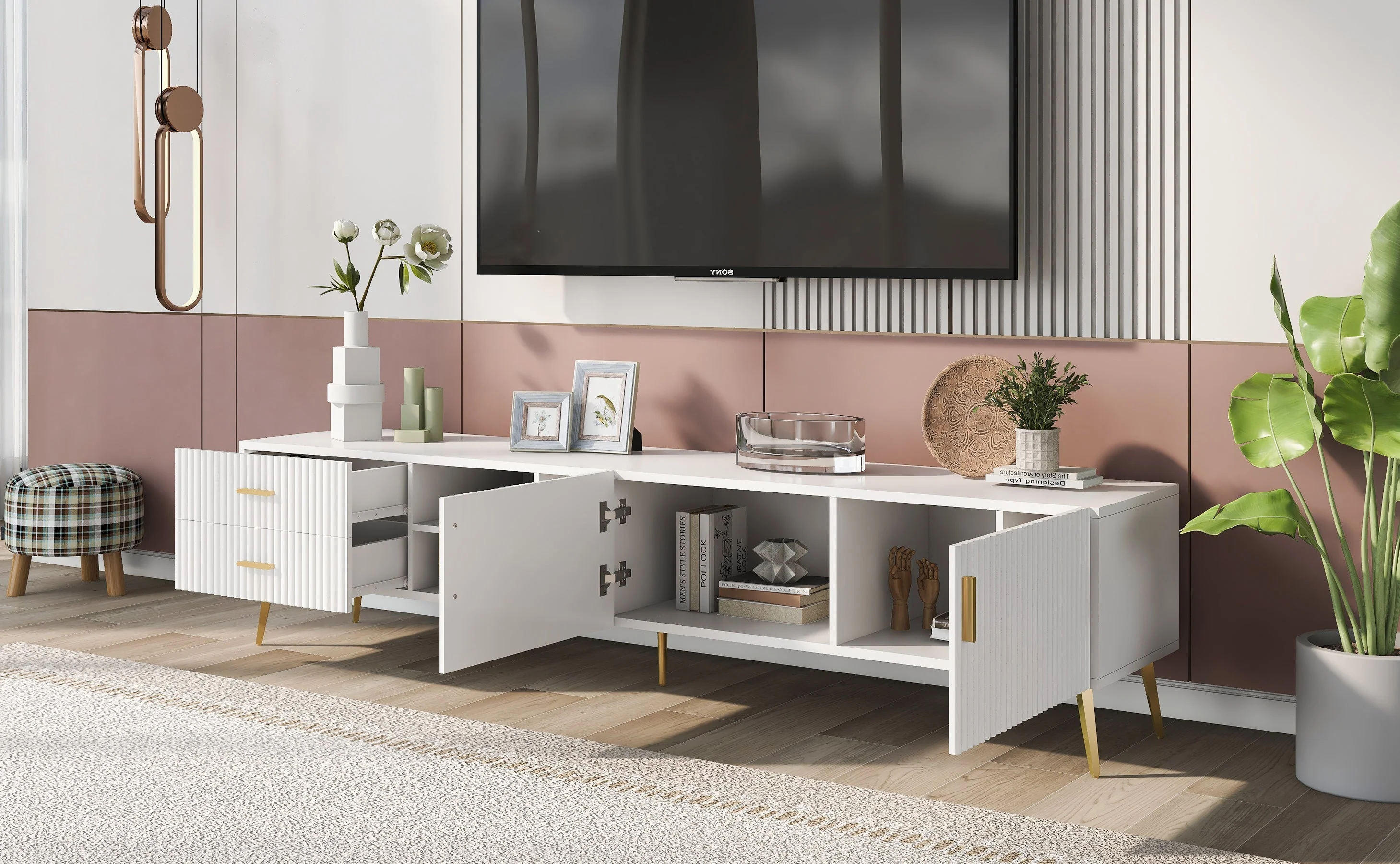 TV Stand Lowboard for 75-inch TVs, Modern Entertainment Media Console, White - Image 3