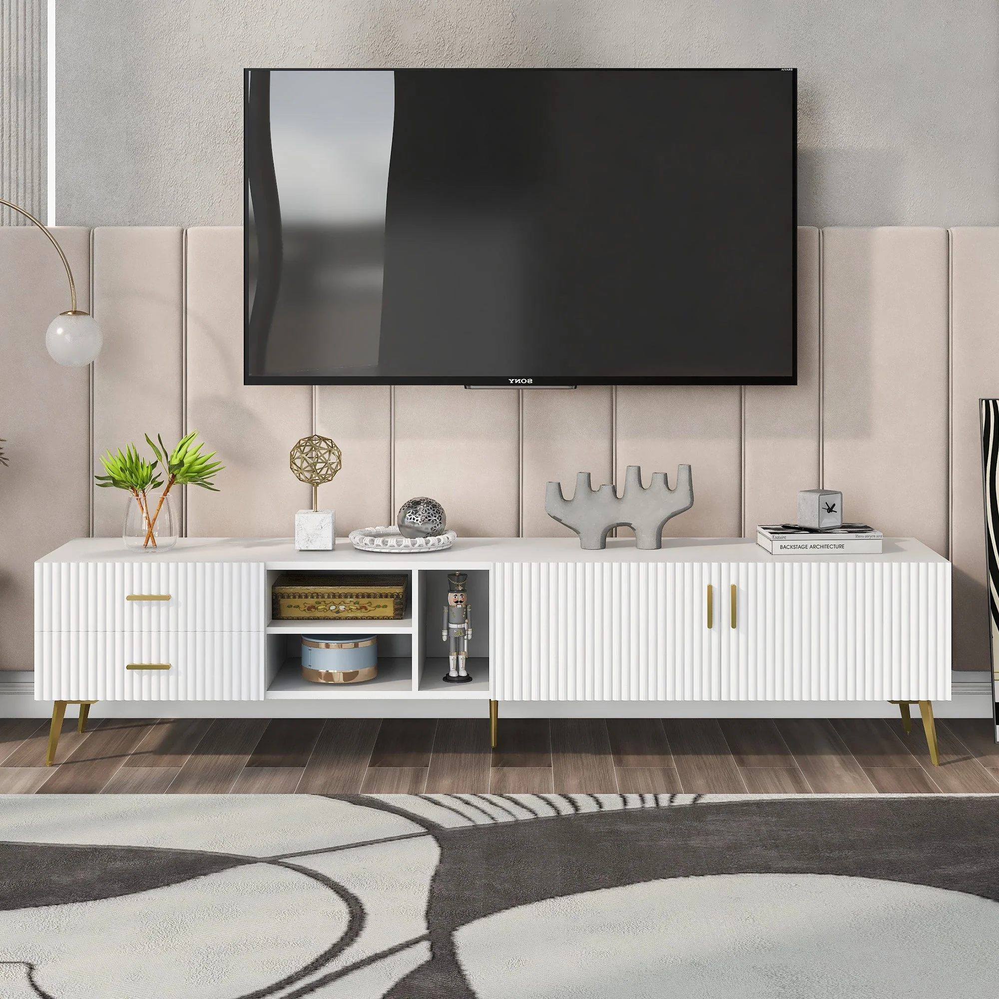 TV Stand Lowboard for 75-inch TVs, Modern Entertainment Media Console, White - Image 5