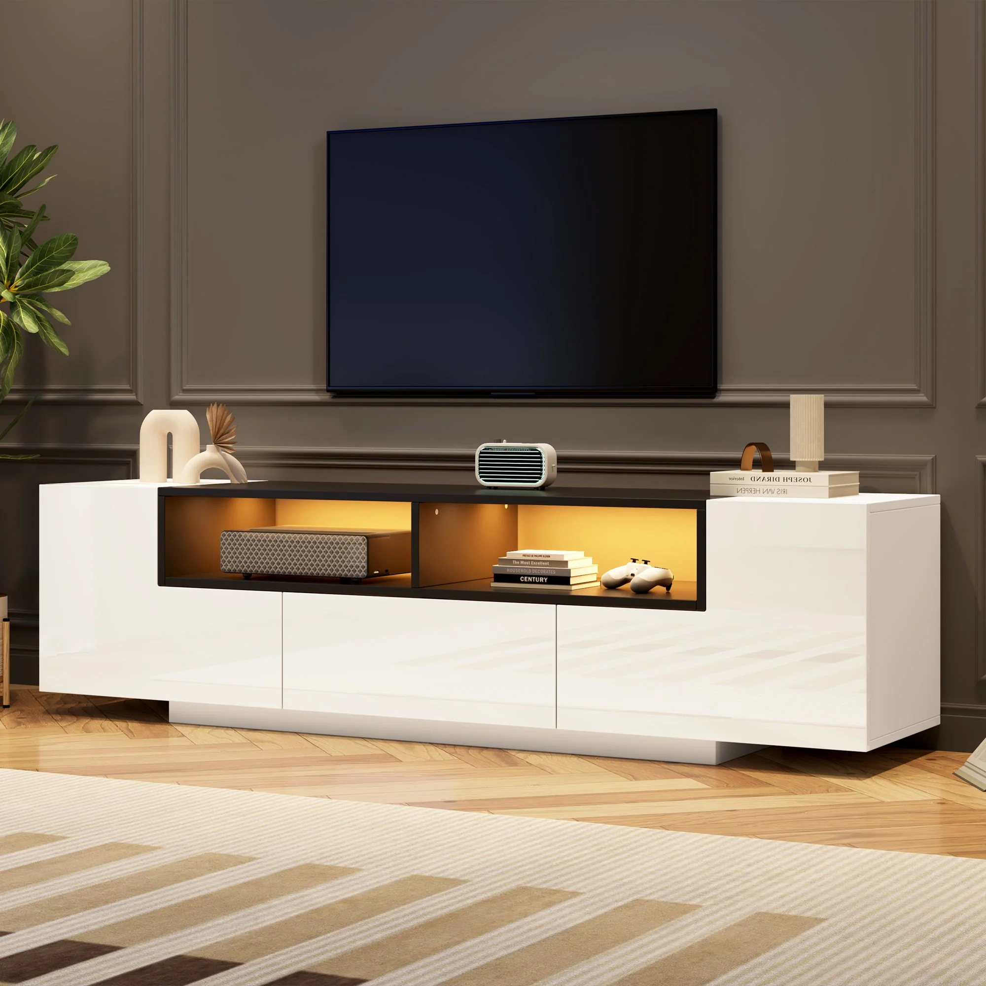 TV Stand Lowboard L-Shaped LED Light Drawers for 75-Inch TV, High Gloss White/Black - Image 4
