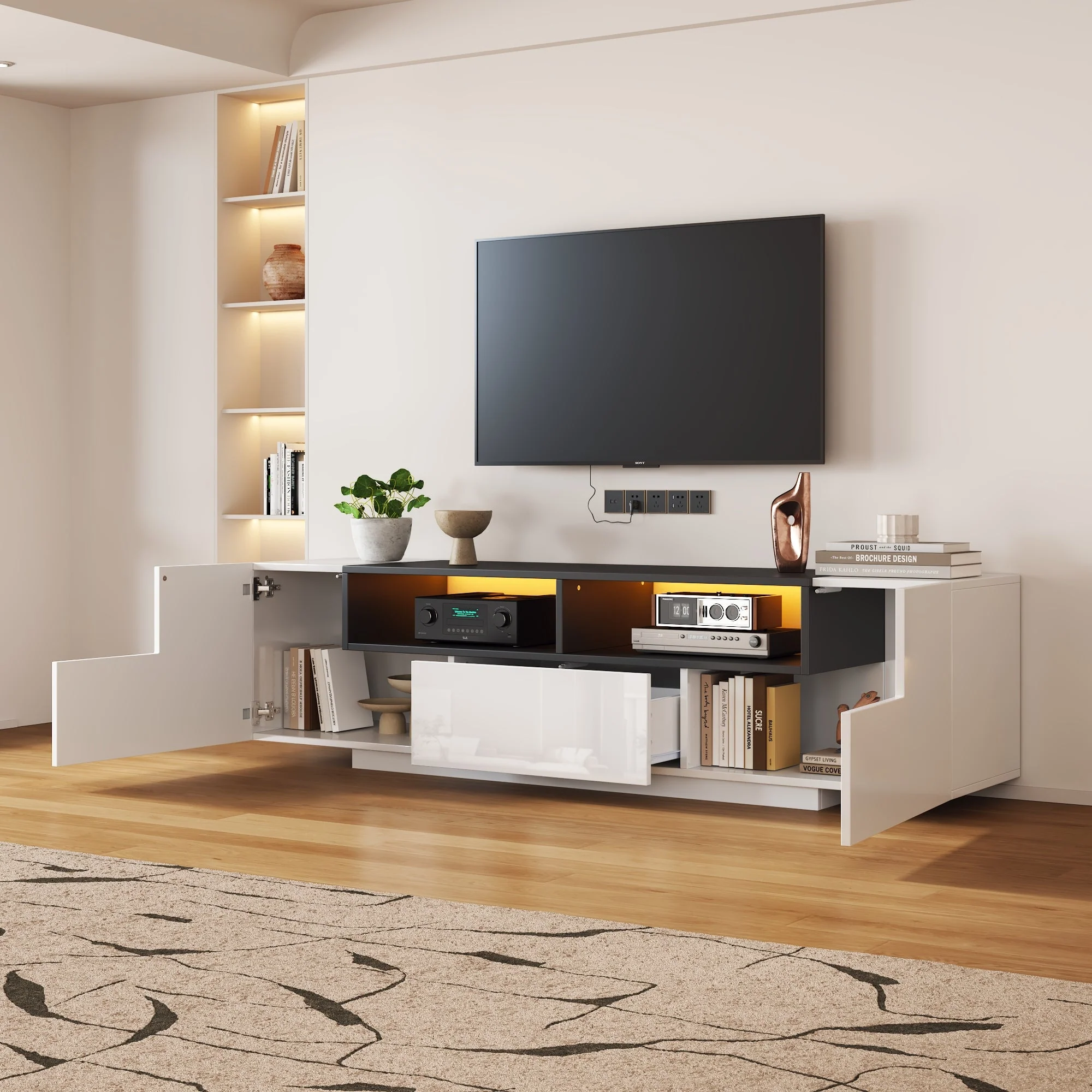 TV Stand Lowboard L-Shaped LED Light Drawers for 75-Inch TV, High Gloss White/Black - Image 5