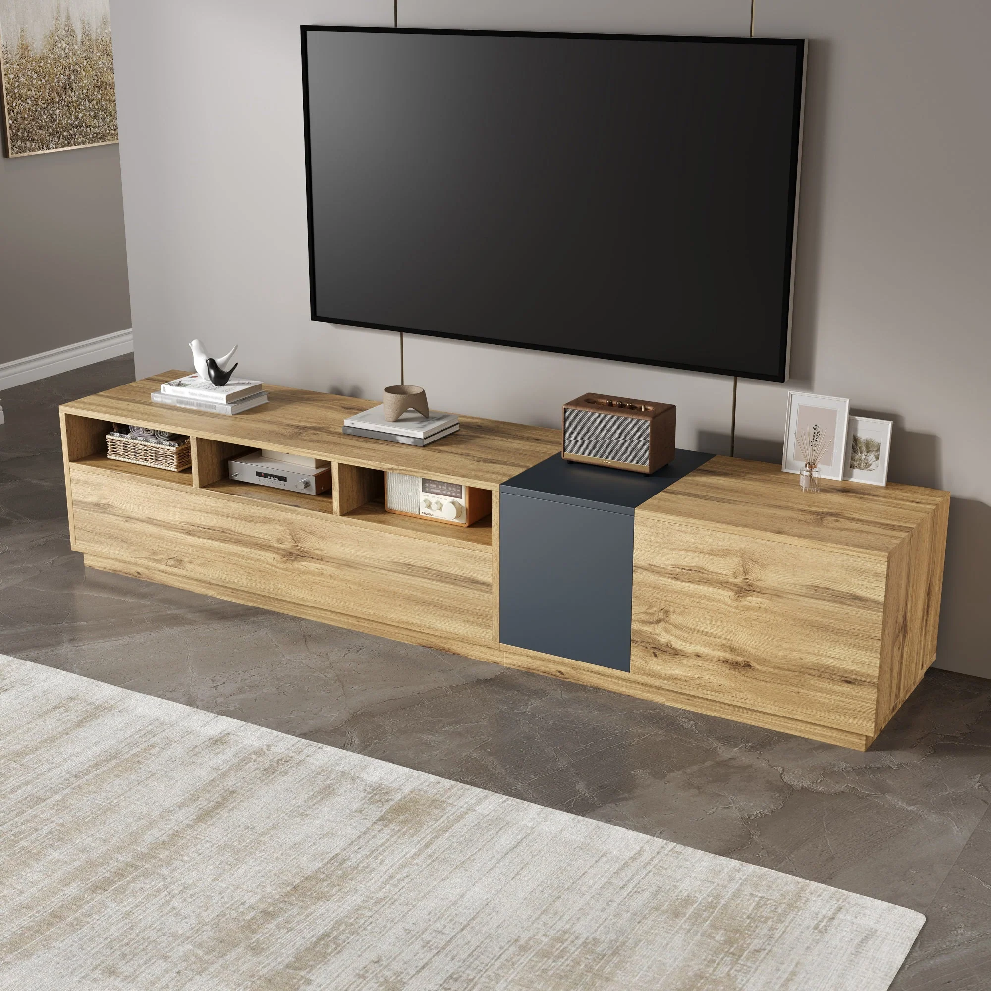 TV Stand, Modern Contrasting, 200cm, Black-Gray and Wood - Image 10