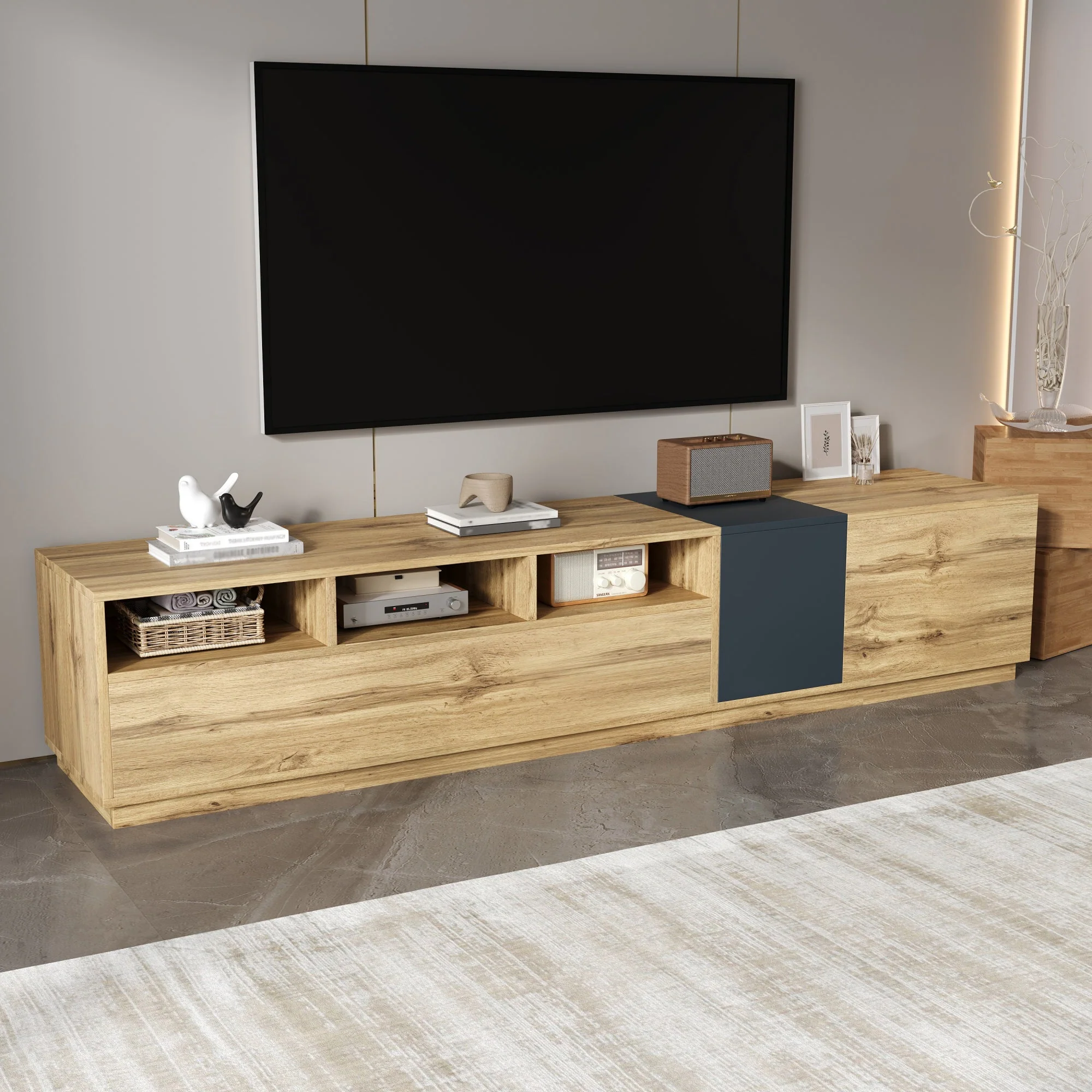 TV Stand, Modern Contrasting, 200cm, Black-Gray and Wood - Image 6
