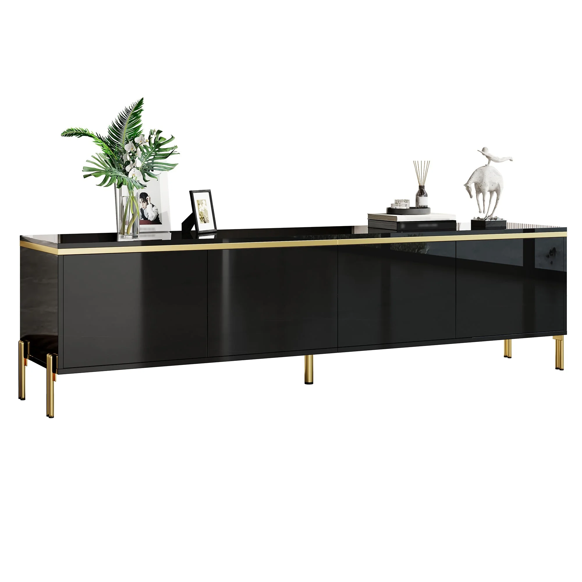 TV Stand Modern High-Gloss Storage 4 Doors Gold Trim - Image 2