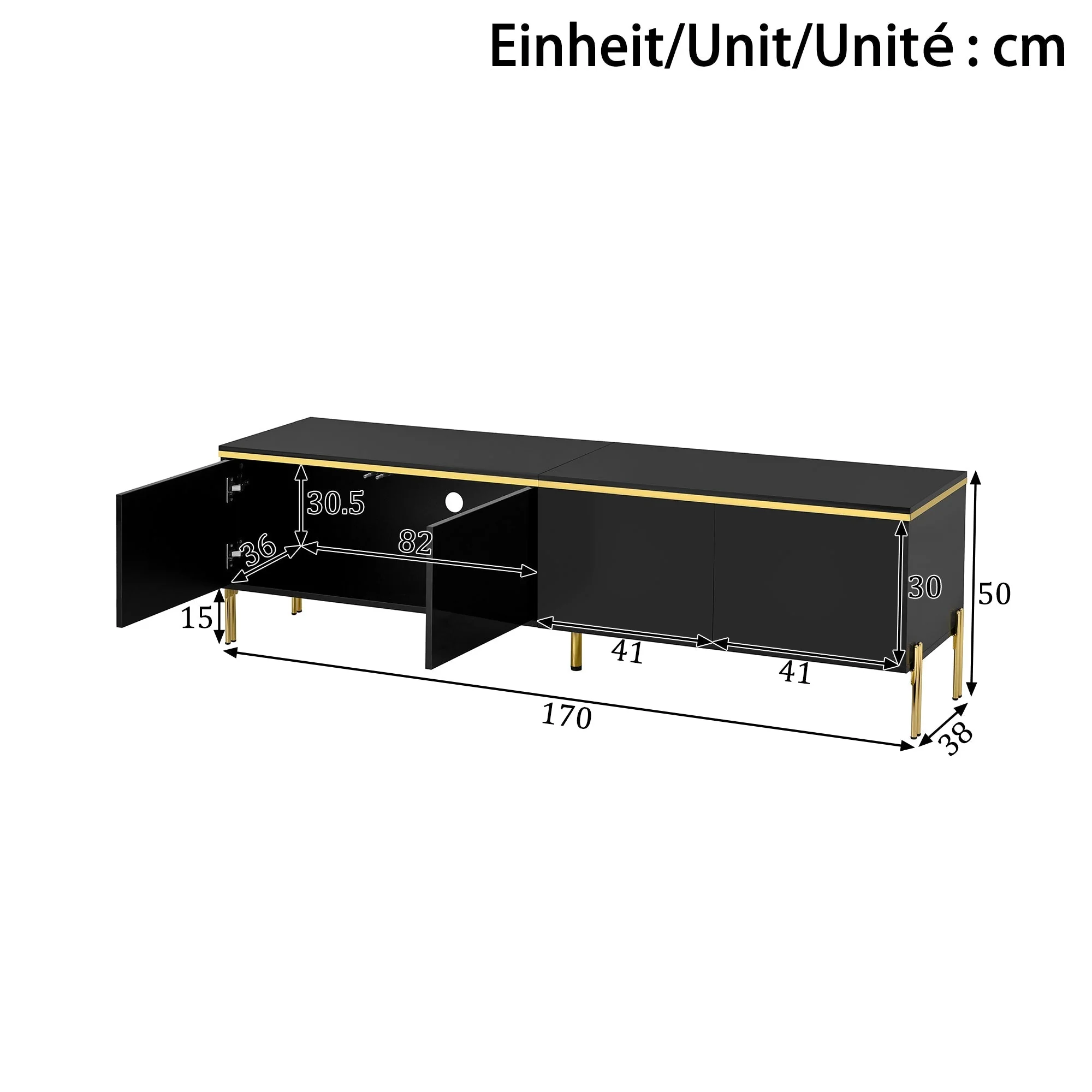 TV Stand Modern High-Gloss Storage 4 Doors Gold Trim - Image 3