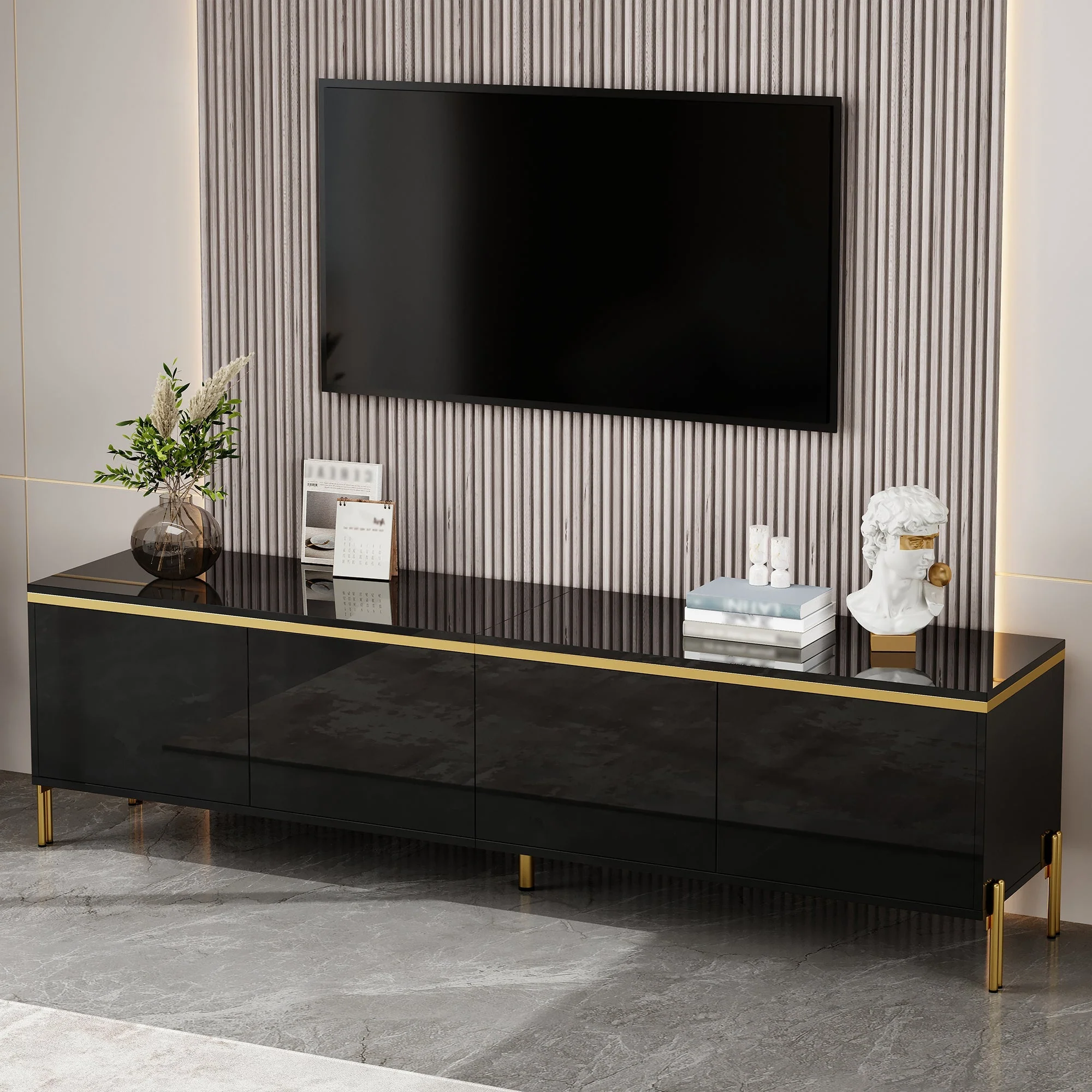 TV Stand Modern High-Gloss Storage 4 Doors Gold Trim - Image 4