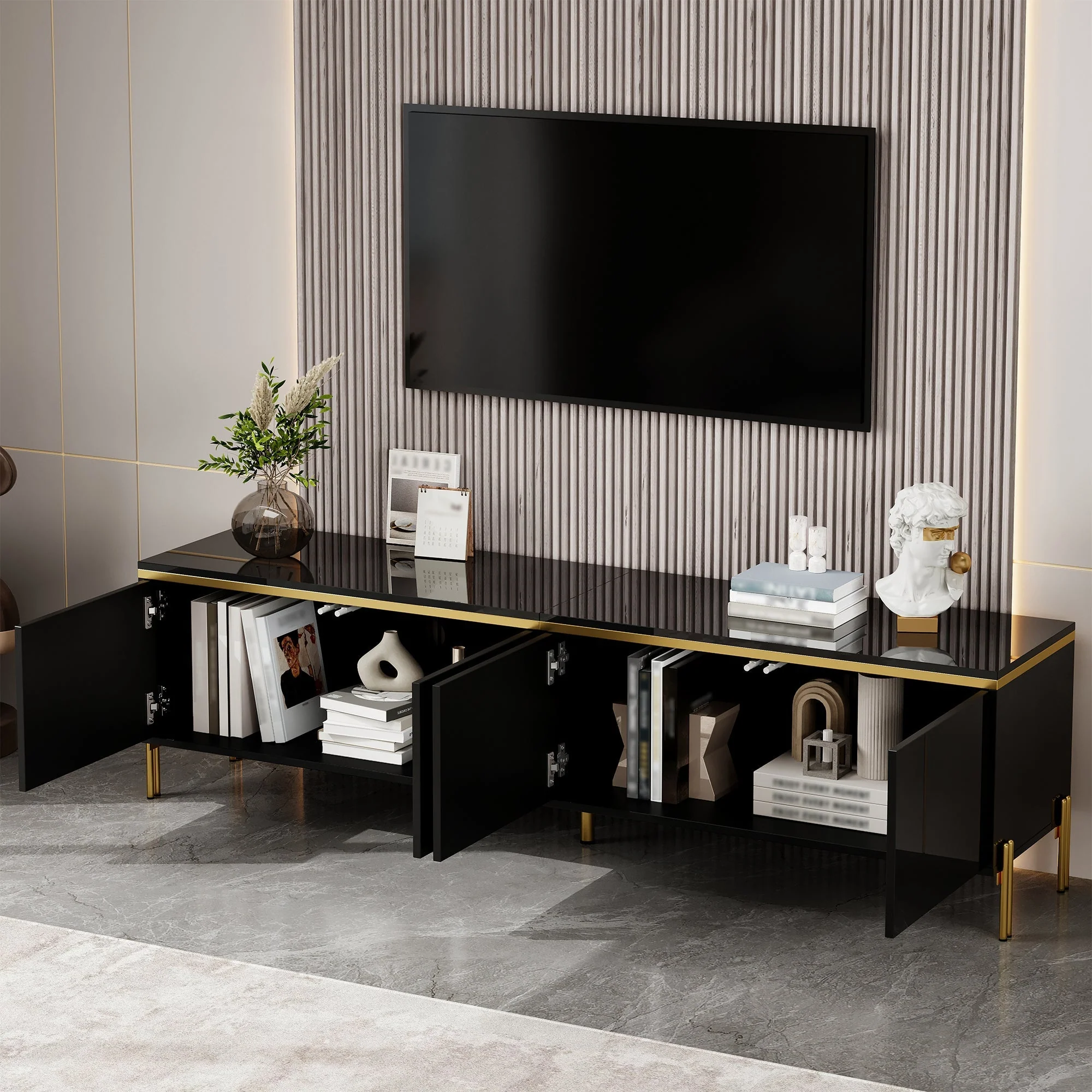 TV Stand Modern High-Gloss Storage 4 Doors Gold Trim - Image 5