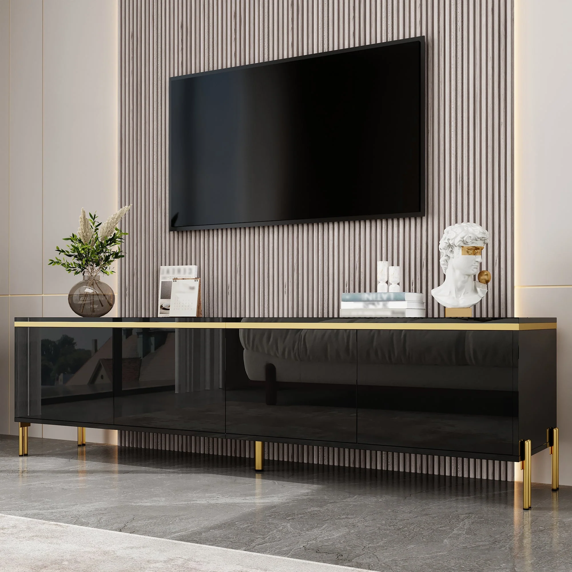 TV Stand Modern High-Gloss Storage 4 Doors Gold Trim - Image 6