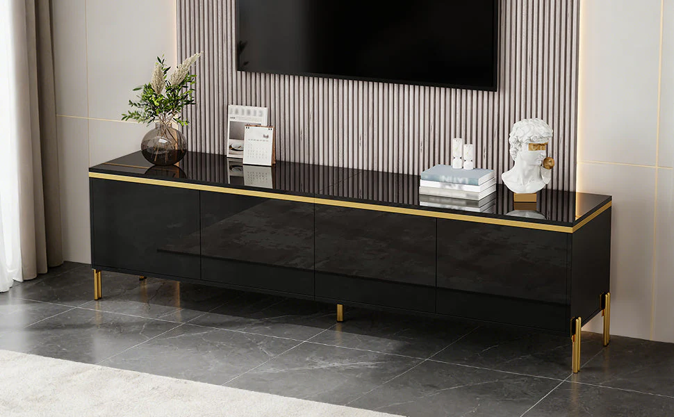 TV Stand Modern High-Gloss Storage 4 Doors Gold Trim - Image 7