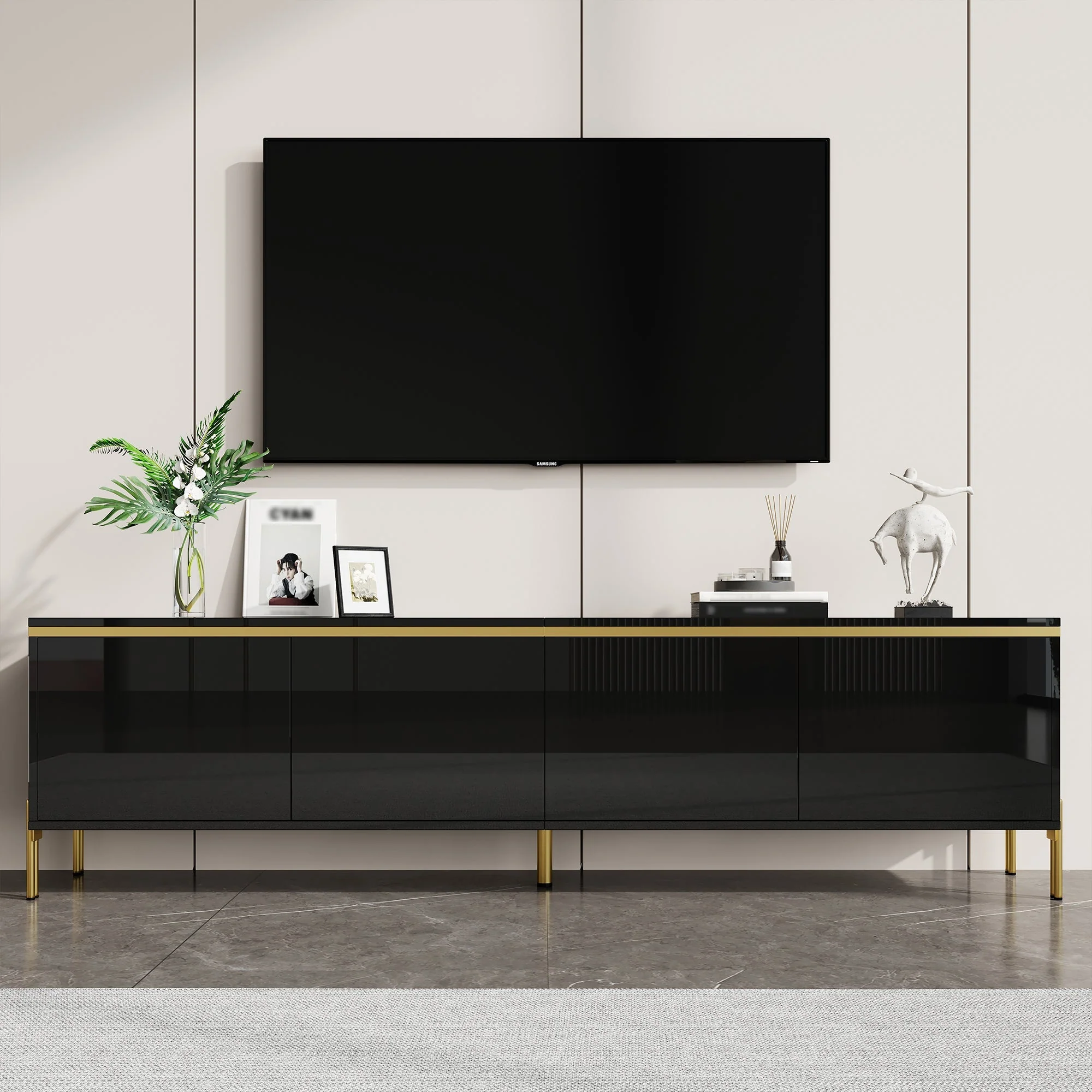 TV Stand Modern High-Gloss Storage 4 Doors Gold Trim - Image 8