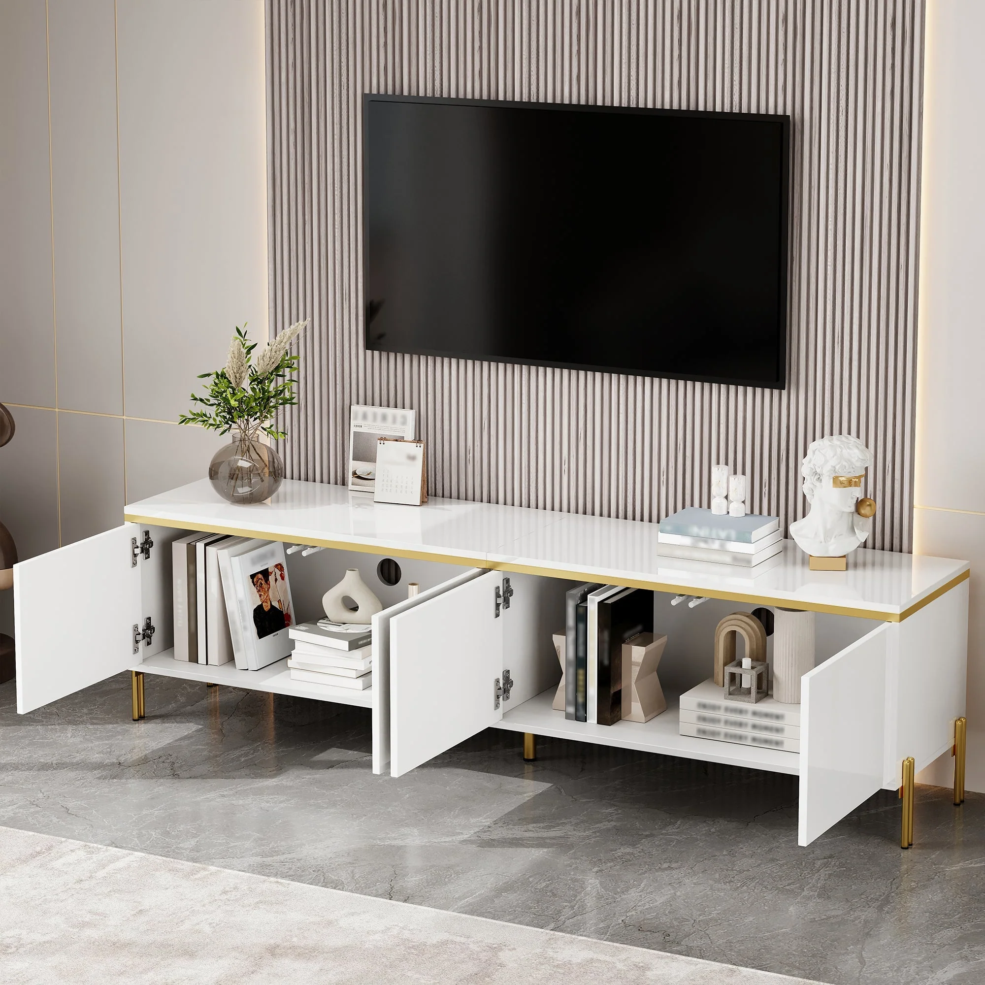 TV Stand Modern High-Gloss with 4 Cabinet Doors and Storage, Gold Edge Banding - Image 5