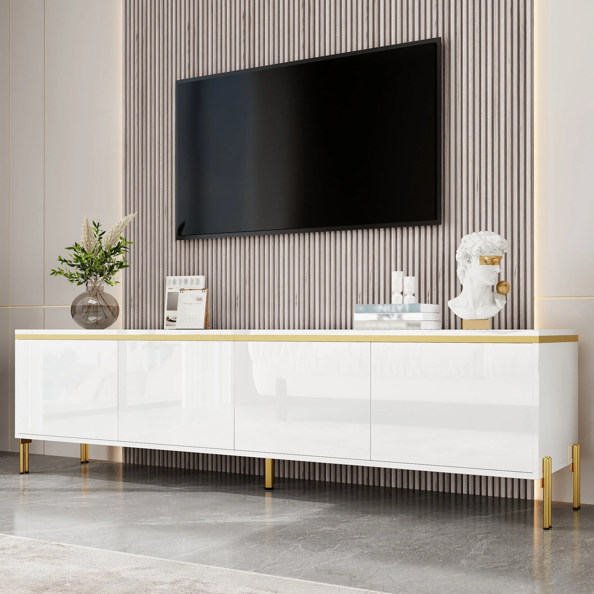TV Stand Modern High-Gloss with 4 Cabinet Doors and Storage, Gold Edge Banding - Image 6
