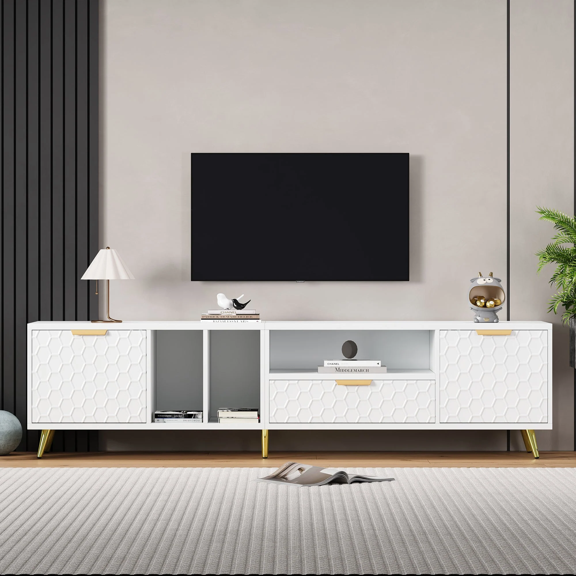 TV Stand, Vertical Honeycomb Pattern, 80-Inch TV, White
