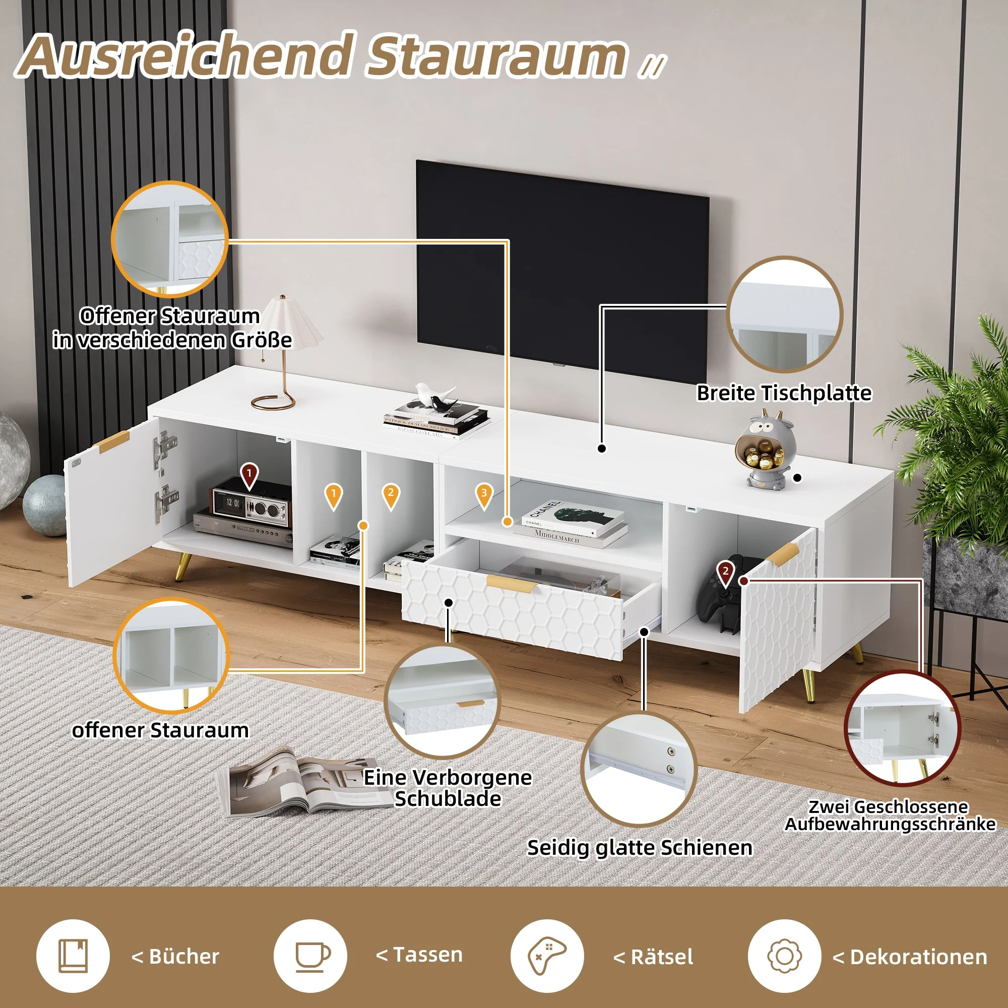 TV Stand, Vertical Honeycomb Pattern, 80-Inch TV, White - Image 10