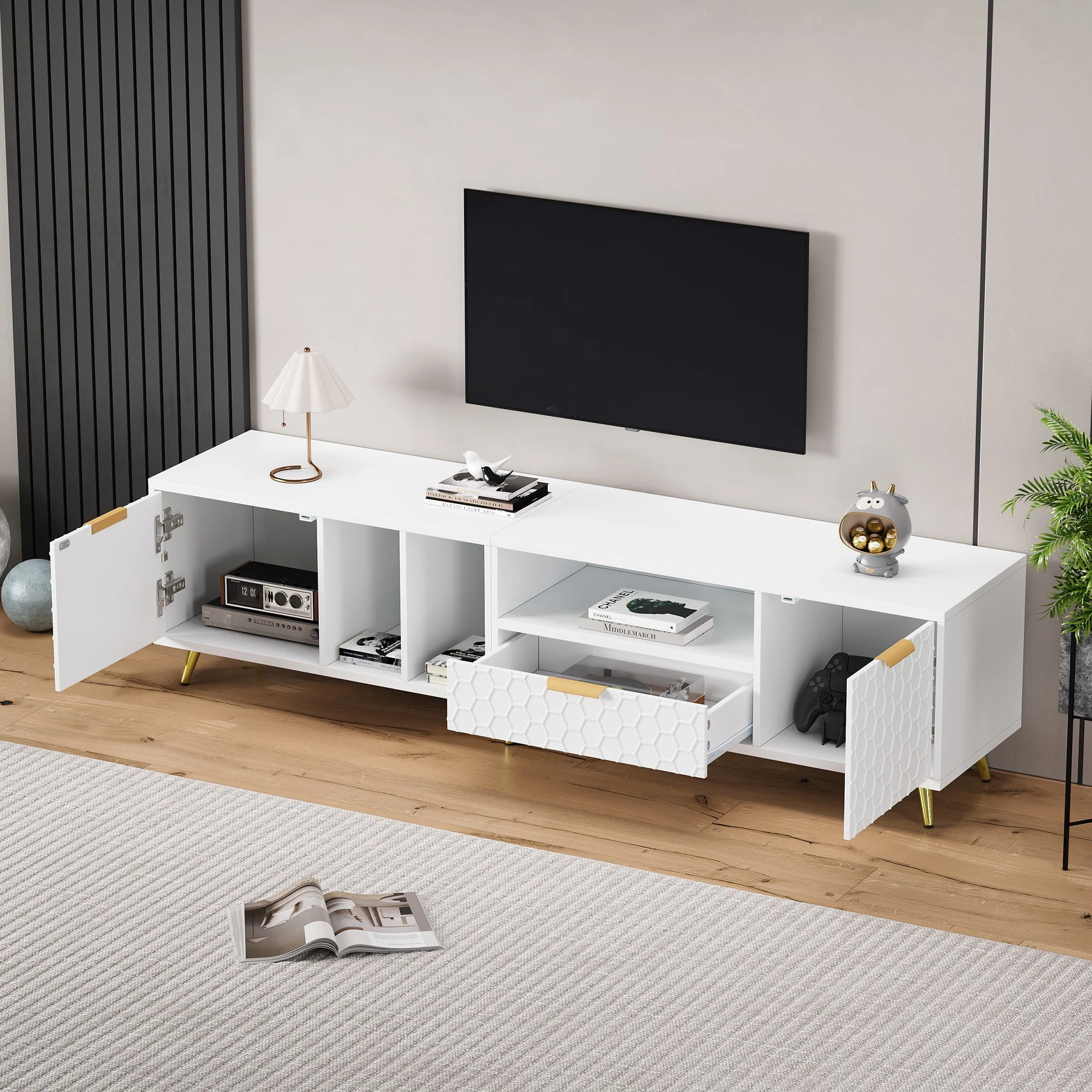 TV Stand, Vertical Honeycomb Pattern, 80-Inch TV, White - Image 2