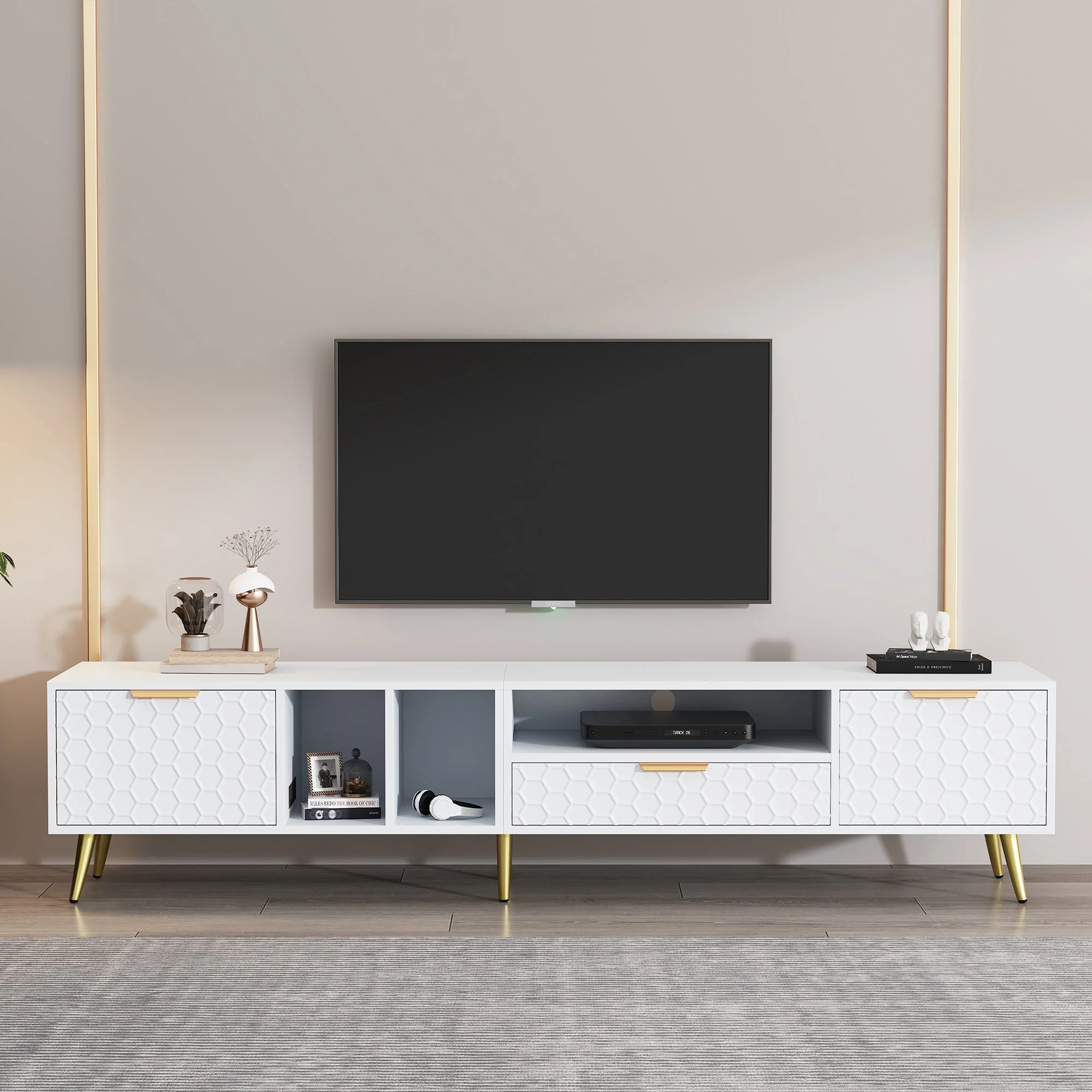 TV Stand, Vertical Honeycomb Pattern, 80-Inch TV, White - Image 3