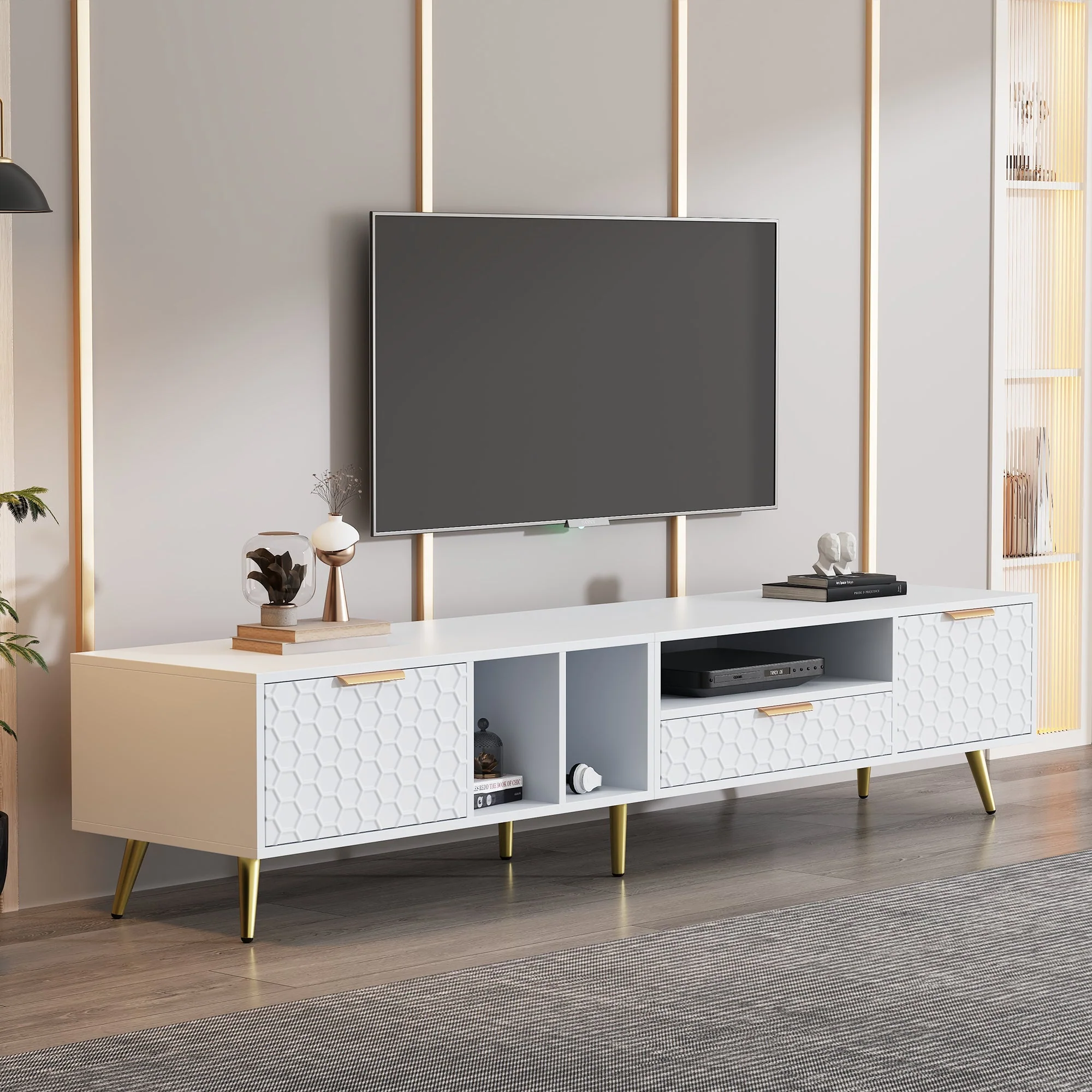 TV Stand, Vertical Honeycomb Pattern, 80-Inch TV, White - Image 4