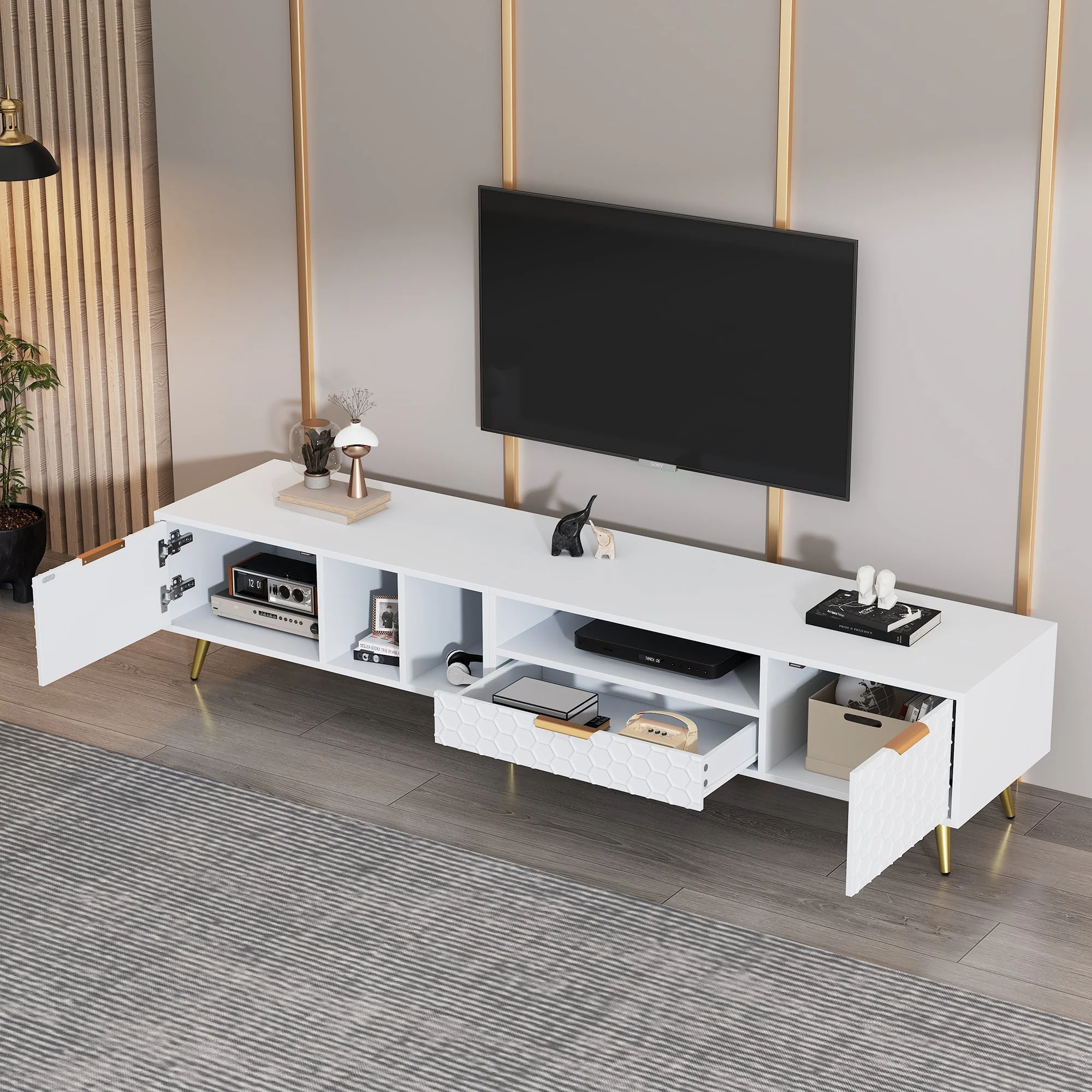 TV Stand, Vertical Honeycomb Pattern, 80-Inch TV, White - Image 5