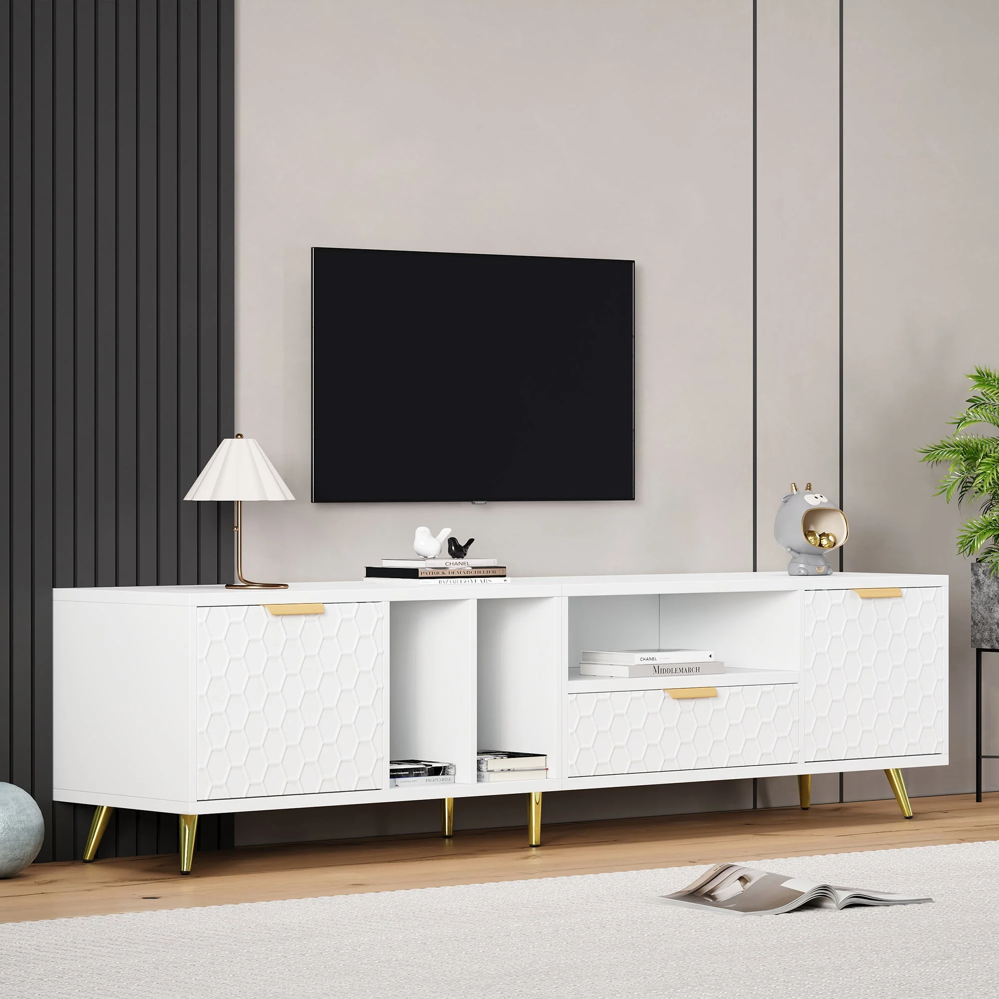 TV Stand, Vertical Honeycomb Pattern, 80-Inch TV, White - Image 6