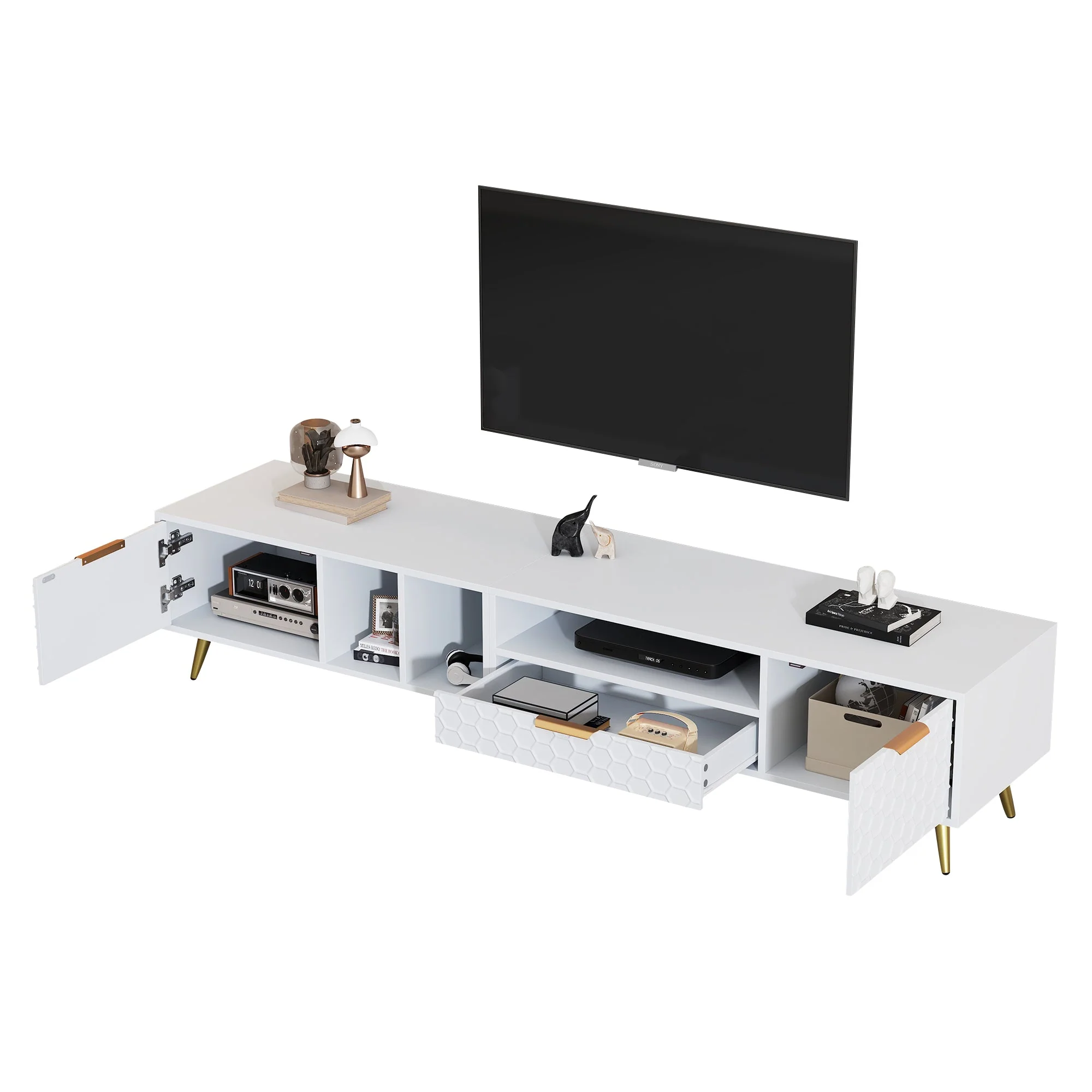TV Stand, Vertical Honeycomb Pattern, 80-Inch TV, White - Image 7