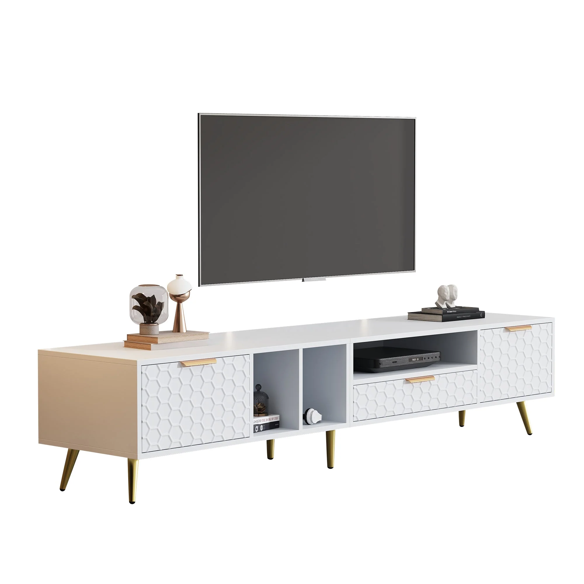 TV Stand, Vertical Honeycomb Pattern, 80-Inch TV, White - Image 8