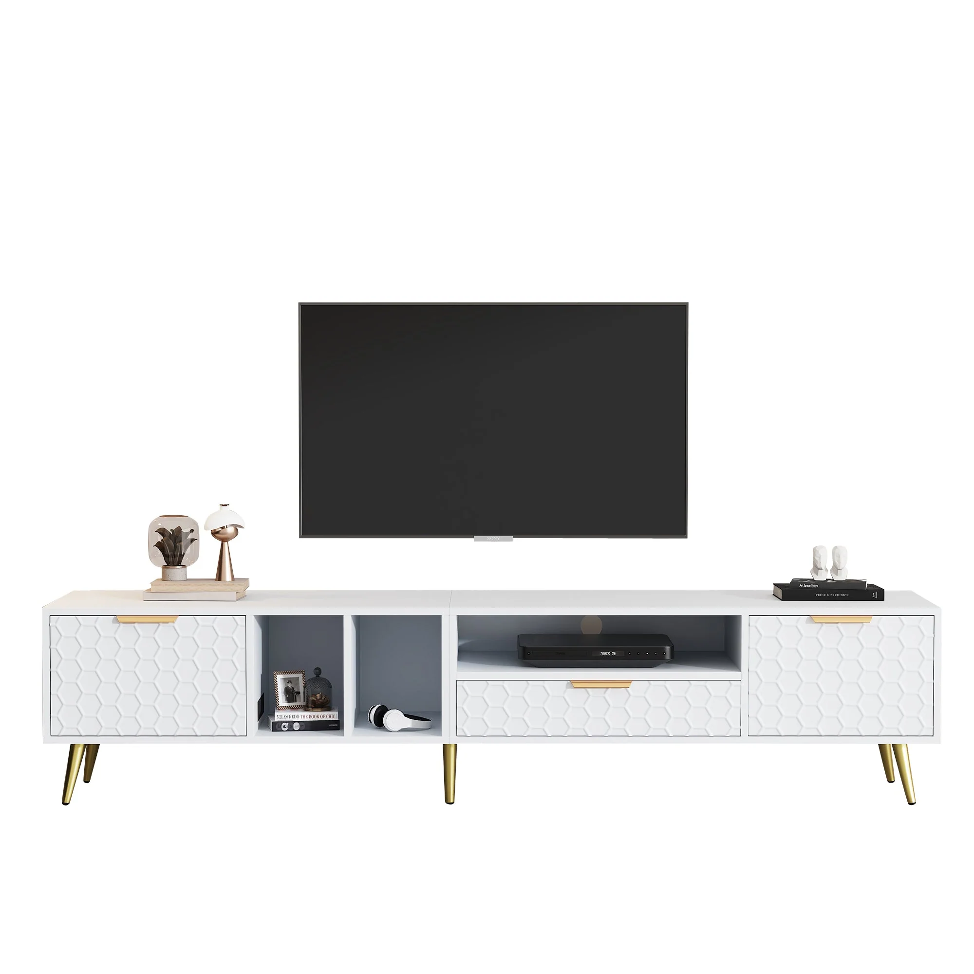 TV Stand, Vertical Honeycomb Pattern, 80-Inch TV, White - Image 9