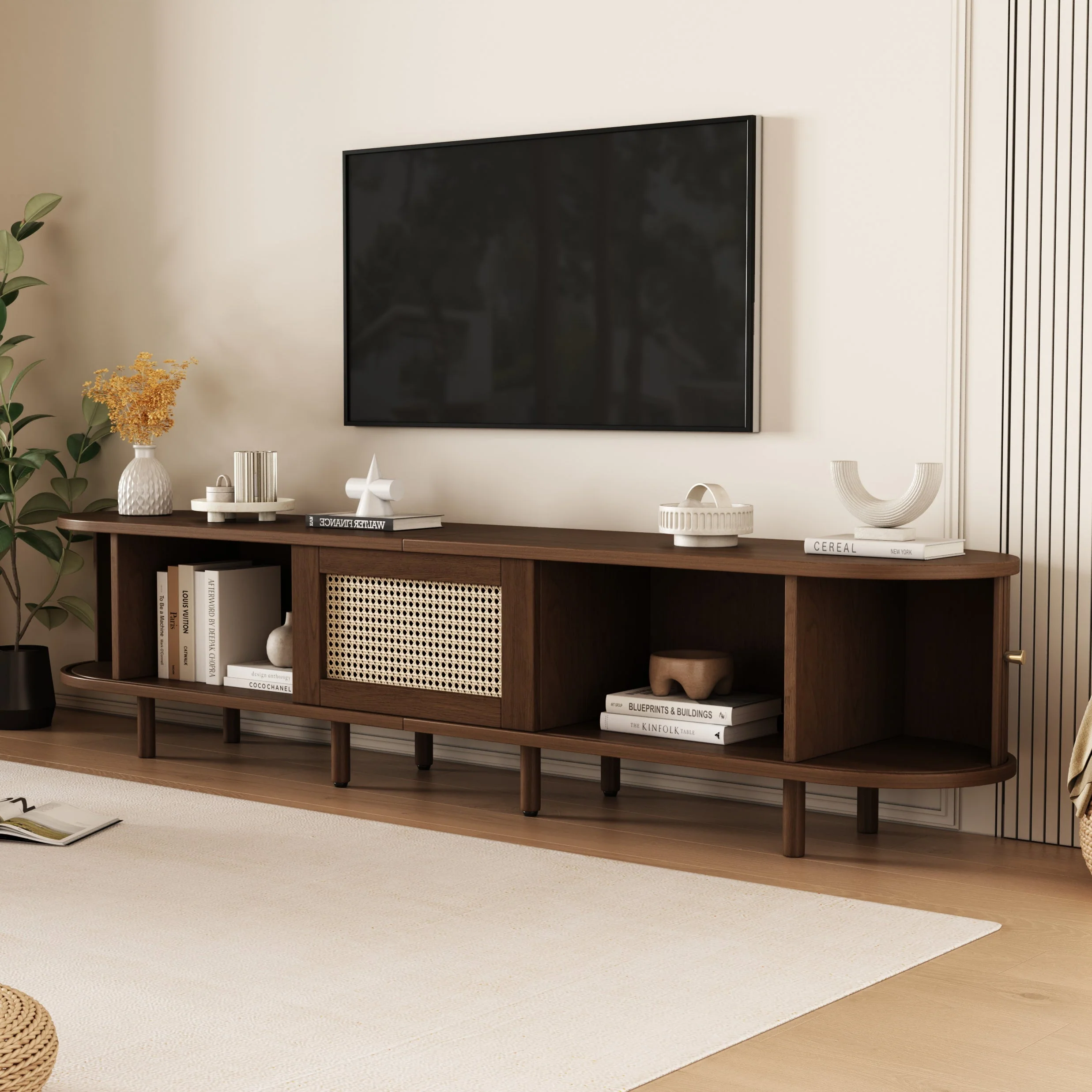 TV Stand with 1 Rattan Drawer, 2 Sliding Doors, Oval for 70 Inch TV, Dark Oak MDF - Image 6