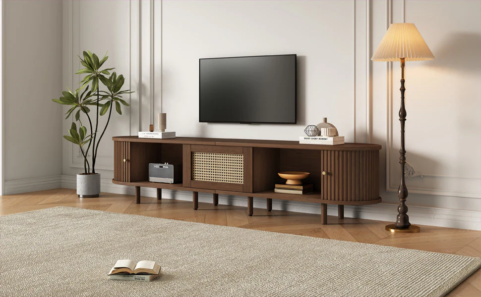 TV Stand with 1 Rattan Drawer, 2 Sliding Doors, Oval for 70 Inch TV, Dark Oak MDF - Image 7